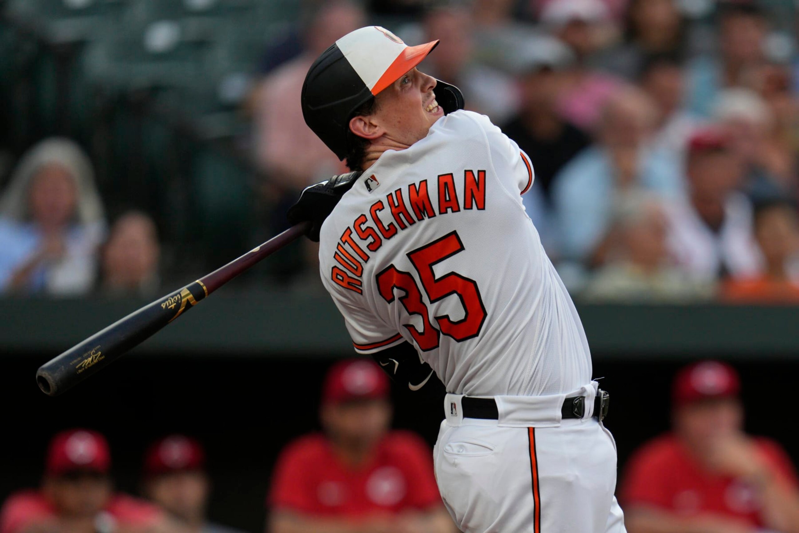 BALTIMORE, MARYLAND - JUNE 27: Adley Rutschman #35 of the Baltimore Orioles follows through his swing as he bats against the Cincinnati Reds during the third inning at Oriole Park at Camden Yards on June 27, 2023 in Baltimore, Maryland. (Photo by Jess Rapfogel/Getty Images)