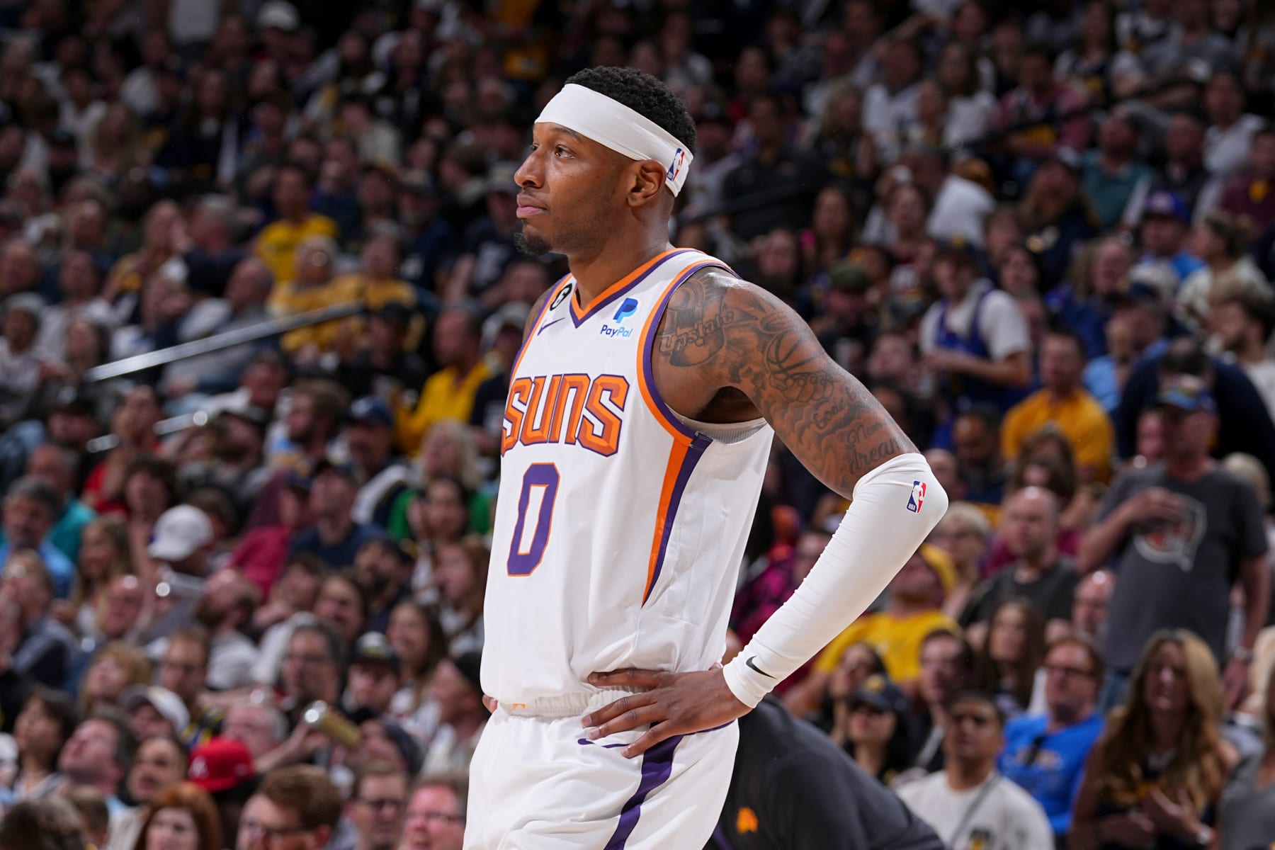 DENVER, CO - MAY 1:  Torrey Craig #0 of the Phoenix Suns looks on during the game against the Denver Nuggets during Round 2 Game 2 of the 2023 NBA Playoffs on May 1, 2023 at the Ball Arena in Denver, Colorado. NOTE TO USER: User expressly acknowledges and agrees that, by downloading and/or using this Photograph, user is consenting to the terms and conditions of the Getty Images License Agreement. Mandatory Copyright Notice: Copyright 2023 NBAE (Photo by Bart Young/NBAE via Getty Images)