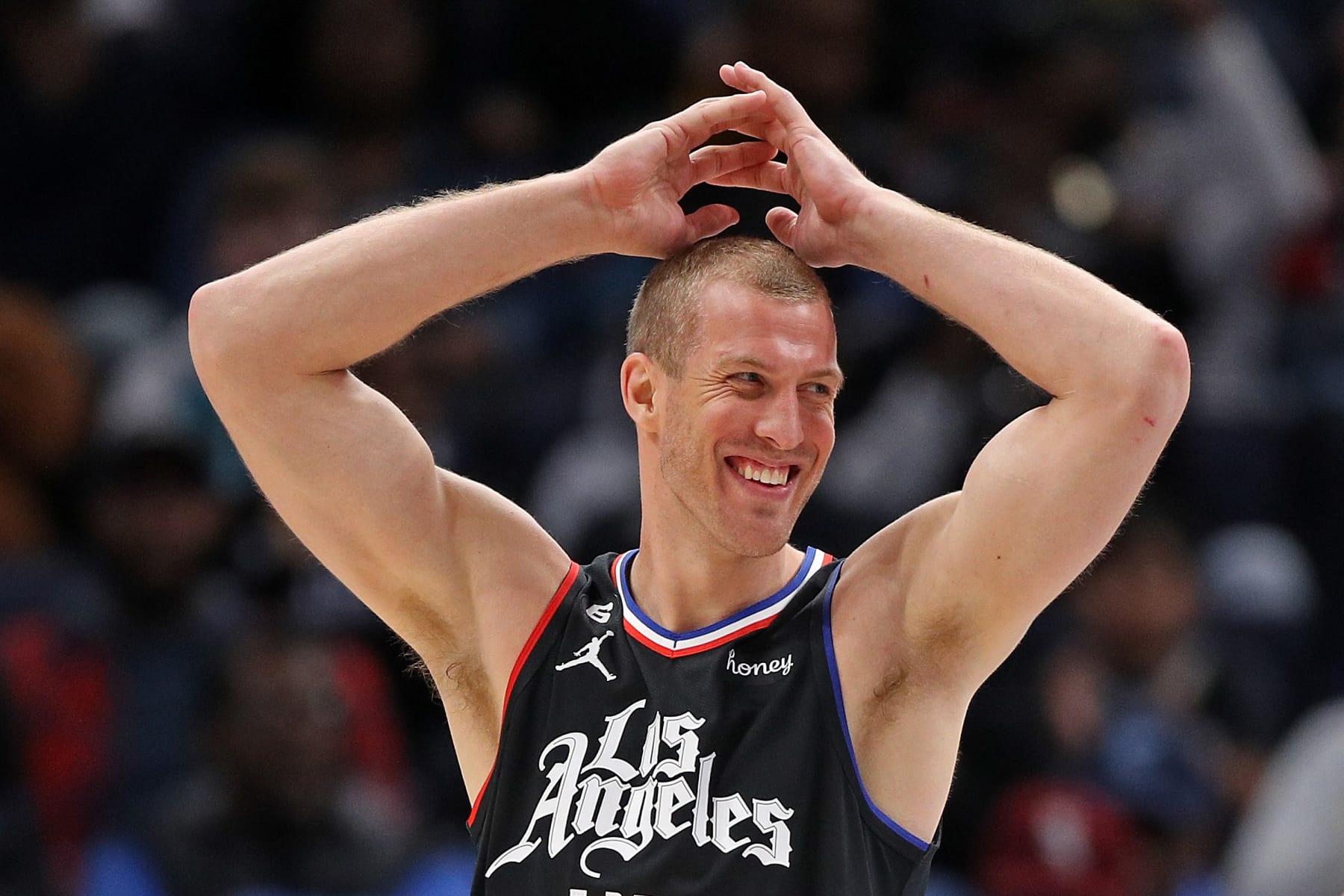 MEMPHIS, TENNESSEE - MARCH 29: Mason Plumlee #44 of the LA Clippers reacts during the game against the Memphis Grizzlies at FedExForum on March 29, 2023 in Memphis, Tennessee. NOTE TO USER: User expressly acknowledges and agrees that, by downloading and or using this photograph, User is consenting to the terms and conditions of the Getty Images License Agreement. (Photo by Justin Ford/Getty Images)