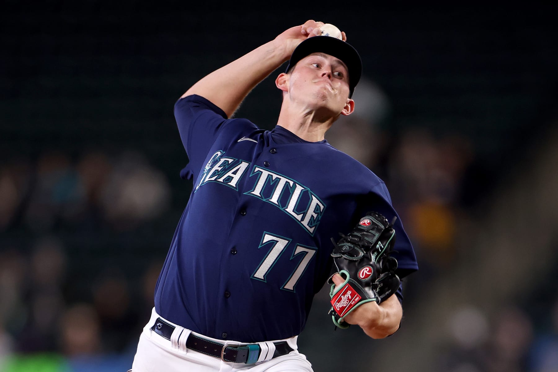 SEATTLE, WASHINGTON - APRIL 17: Chris Flexen #77 of the Seattle Mariners pitches during the first inning against the Milwaukee Brewers at T-Mobile Park on April 17, 2023 in Seattle, Washington. (Photo by Steph Chambers/Getty Images)