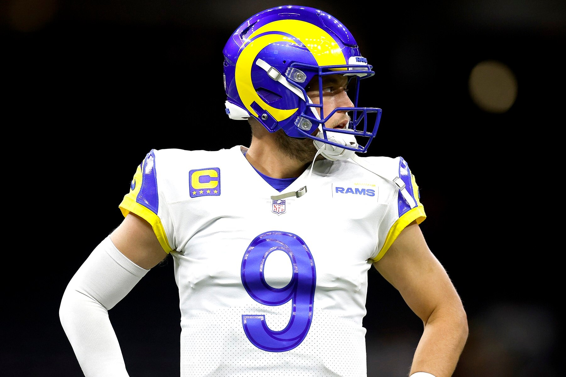 NEW ORLEANS, LOUISIANA - NOVEMBER 20: Matthew Stafford #9 of the Los Angeles Rams warms up prior to the start of an NFL game against the New Orleans Saints at Caesars Superdome on November 20, 2022 in New Orleans, Louisiana. (Photo by Sean Gardner/Getty Images)