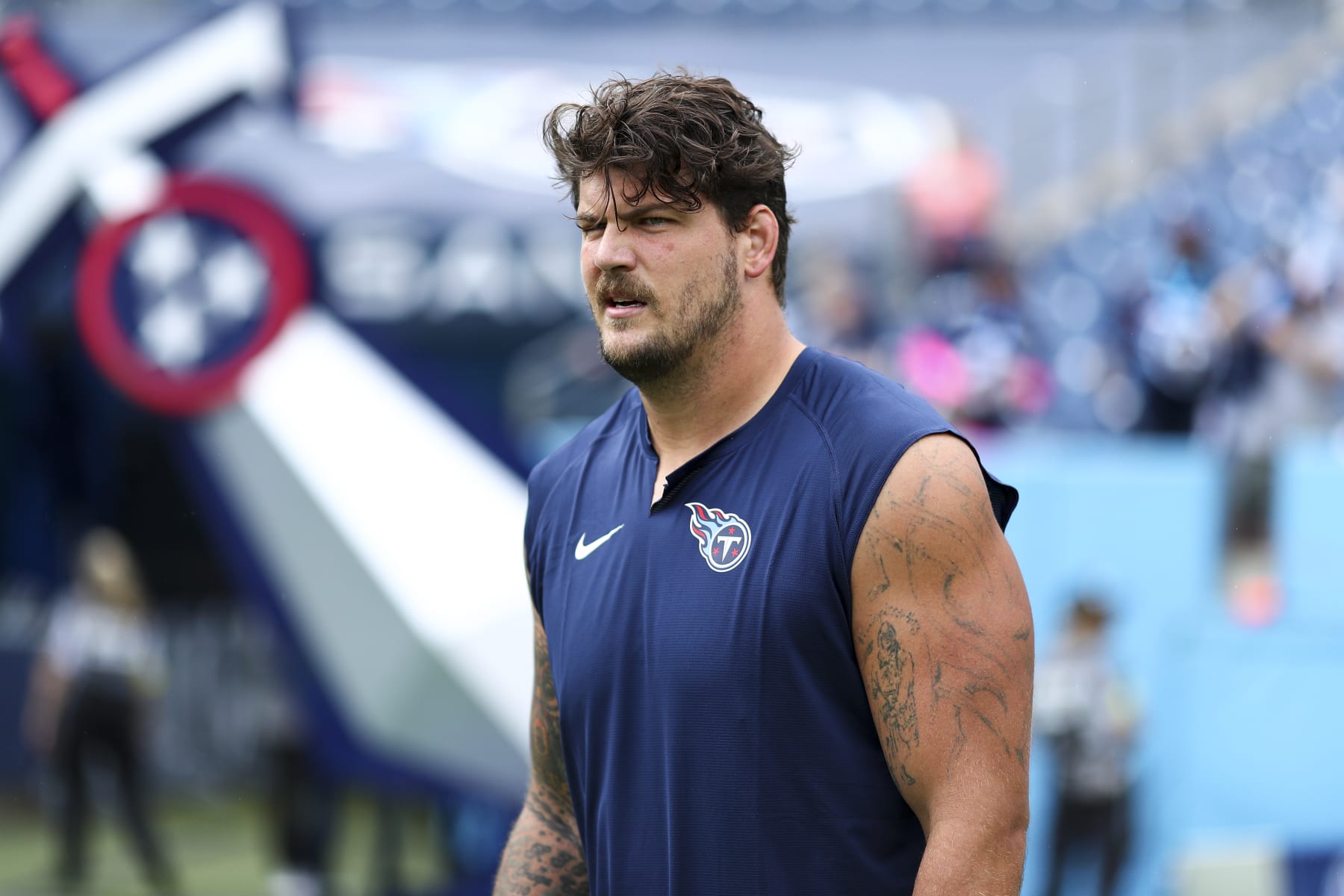 NASHVILLE, FL - SEPTEMBER 11: Taylor Lewan #77 of the Tennessee Titans looks on prior to an NFL football game against the New York Giants at Nissan Stadium on September 11, 2022 in Nashville, Tennessee. (Photo by Kevin Sabitus/Getty Images)