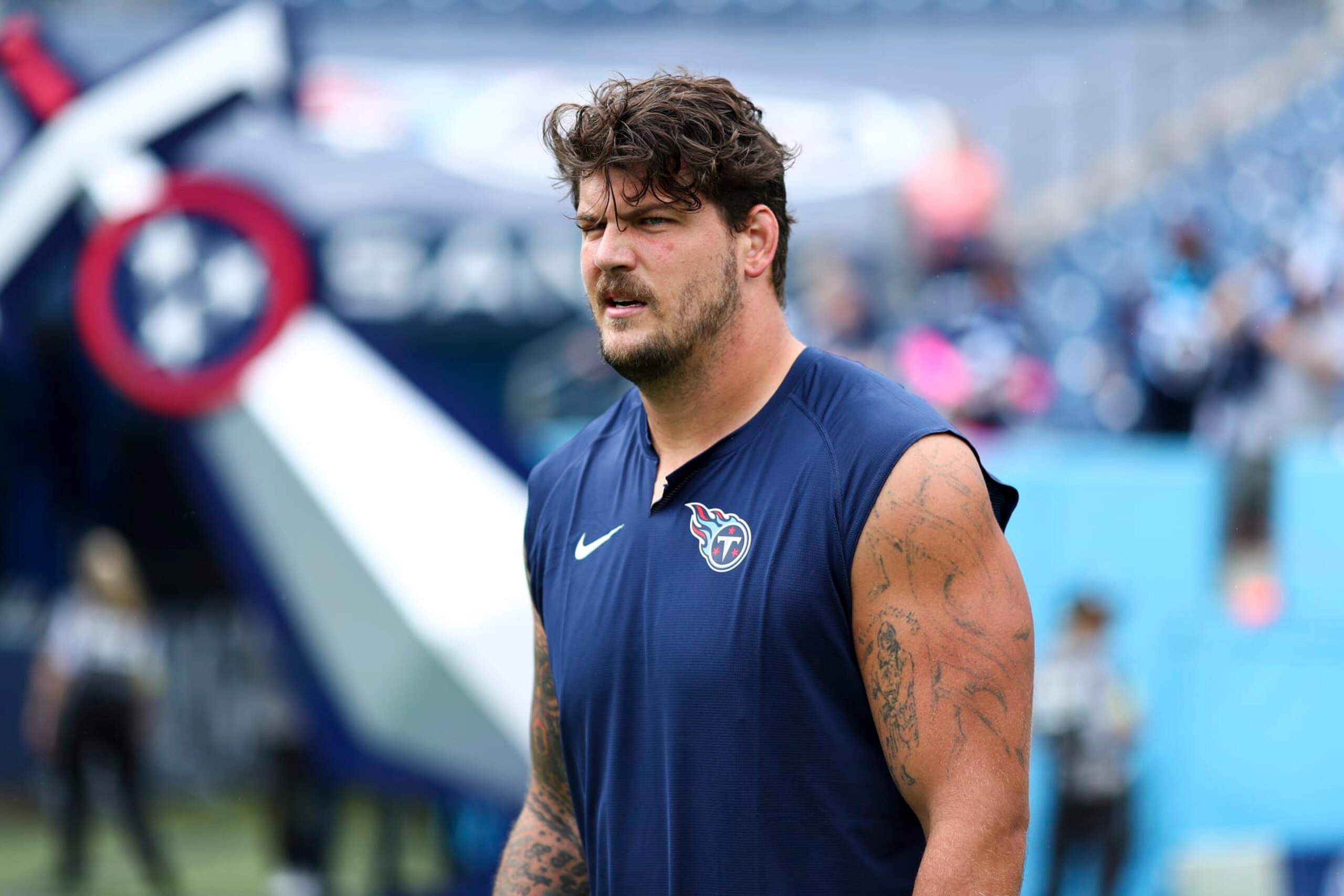 NASHVILLE, FL - SEPTEMBER 11: Taylor Lewan #77 of the Tennessee Titans looks on prior to an NFL football game against the New York Giants at Nissan Stadium on September 11, 2022 in Nashville, Tennessee. (Photo by Kevin Sabitus/Getty Images)