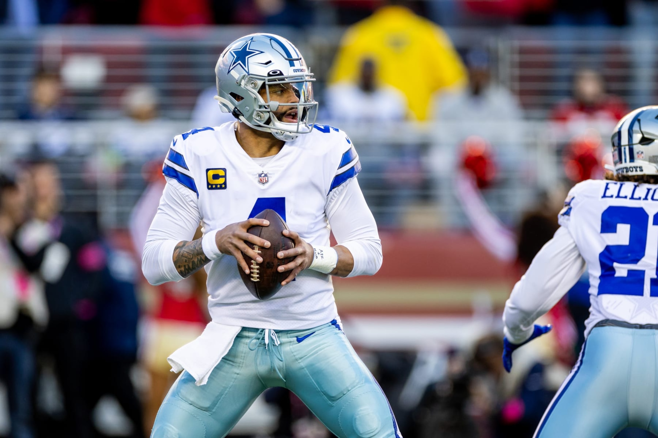 SANTA CLARA, CA - JANUARY 22: Dallas Cowboys quarterback Dak Prescott (4) drops back to pass during the NFL NFC Divisional Playoff game between the Dallas Cowboys and San Francisco 49ers at Levis Stadium in Santa Clara, CA. (Photo by Bob Kupbens/Icon Sportswire via Getty Images) SANTA CLARA, CA - JANUARY 22: Dallas Cowboys quarterback Dak Prescott (4) drops back to pass during the NFL NFC Divisional Playoff game between the Dallas Cowboys and San Francisco 49ers at Levis Stadium in Santa Clara, CA. (Photo by Bob Kupbens/Icon Sportswire via Getty Images)