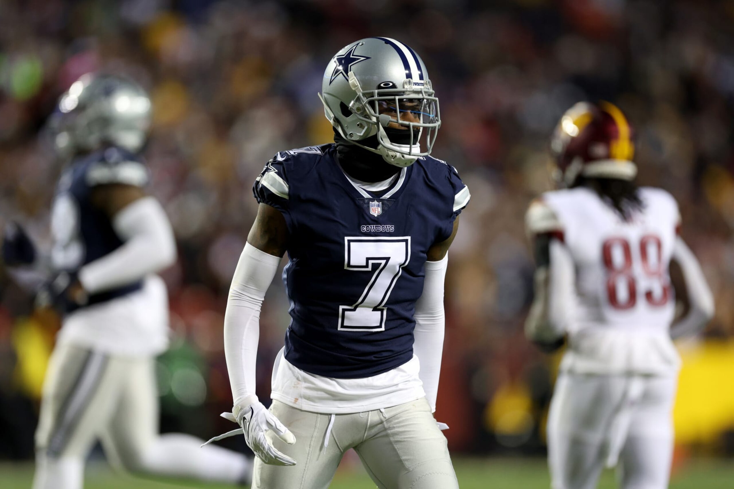 LANDOVER, MARYLAND - JANUARY 08: Cornerback Trevon Diggs #7 of the Dallas Cowboys looks on against the Washington Commanders at FedExField on January 08, 2023 in Landover, Maryland. (Photo by Rob Carr/Getty Images) LANDOVER, MARYLAND - JANUARY 08: Cornerback Trevon Diggs #7 of the Dallas Cowboys looks on against the Washington Commanders at FedExField on January 08, 2023 in Landover, Maryland. (Photo by Rob Carr/Getty Images)