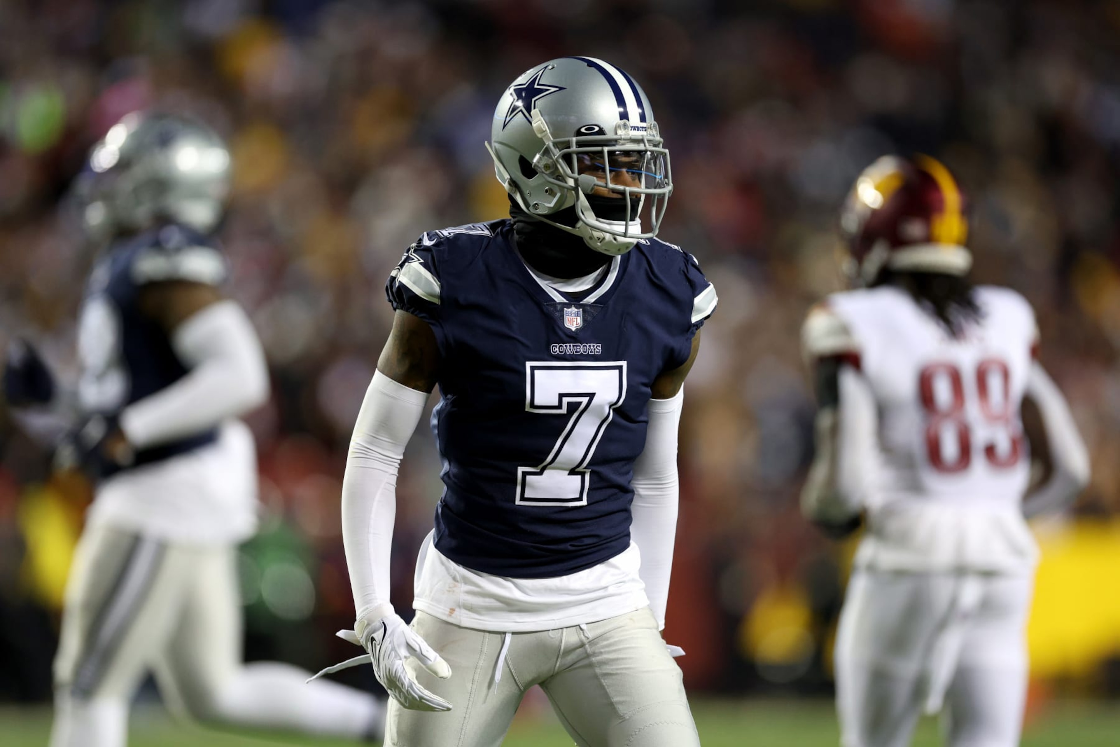 LANDOVER, MARYLAND - JANUARY 08: Cornerback Trevon Diggs #7 of the Dallas Cowboys looks on against the Washington Commanders at FedExField on January 08, 2023 in Landover, Maryland. (Photo by Rob Carr/Getty Images) LANDOVER, MARYLAND - JANUARY 08: Cornerback Trevon Diggs #7 of the Dallas Cowboys looks on against the Washington Commanders at FedExField on January 08, 2023 in Landover, Maryland. (Photo by Rob Carr/Getty Images)