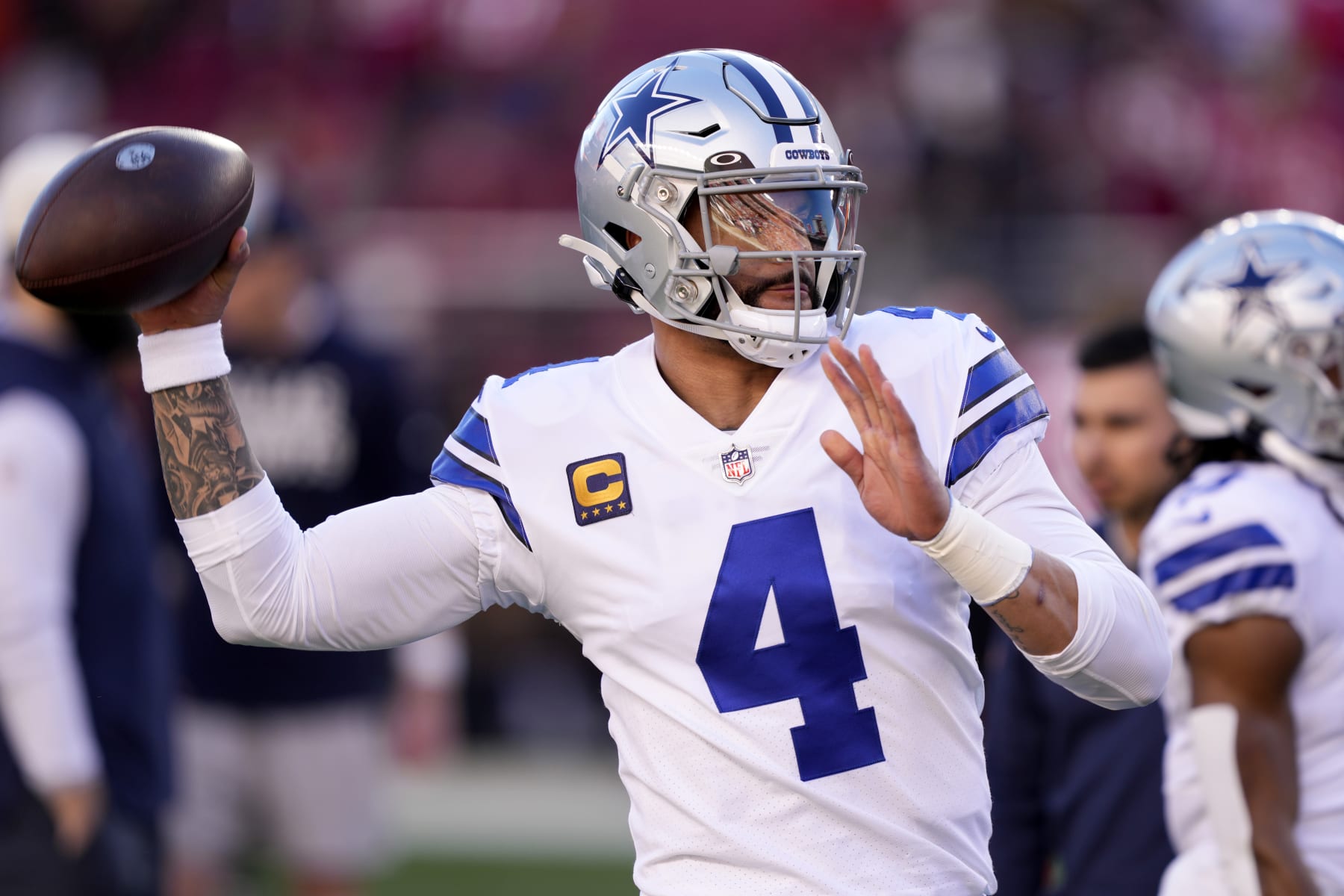SANTA CLARA, CALIFORNIA - JANUARY 22: Dak Prescott #4 of the Dallas Cowboys warms up prior to a game against the San Francisco 49ers in the NFC Divisional Playoff game at Levi's Stadium on January 22, 2023 in Santa Clara, California. (Photo by Thearon W. Henderson/Getty Images)