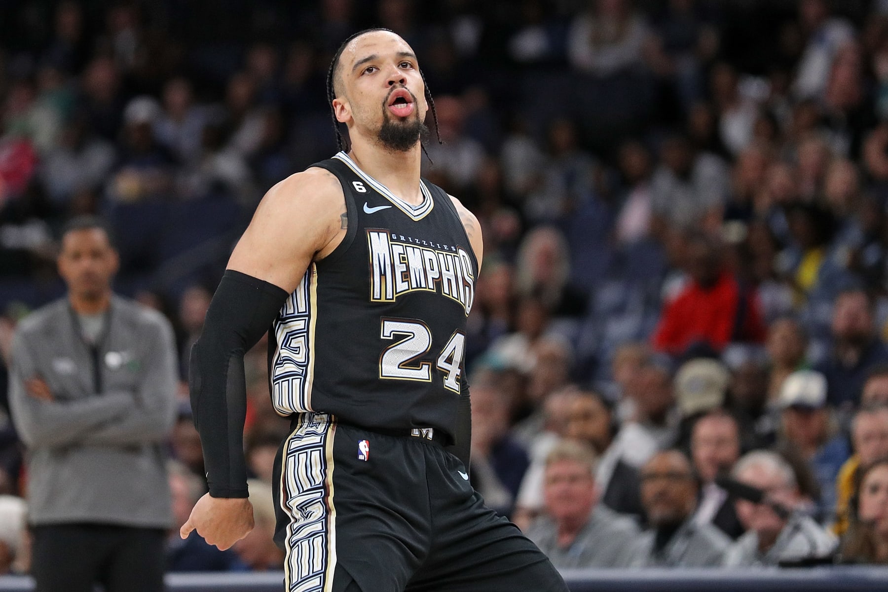 MEMPHIS, TENNESSEE - MARCH 24: Dillon Brooks #24 of the Memphis Grizzlies during the game against the Houston Rockets at FedExForum on March 24, 2023 in Memphis, Tennessee. NOTE TO USER: User expressly acknowledges and agrees that, by downloading and or using this photograph, User is consenting to the terms and conditions of the Getty Images License Agreement. (Photo by Justin Ford/Getty Images)