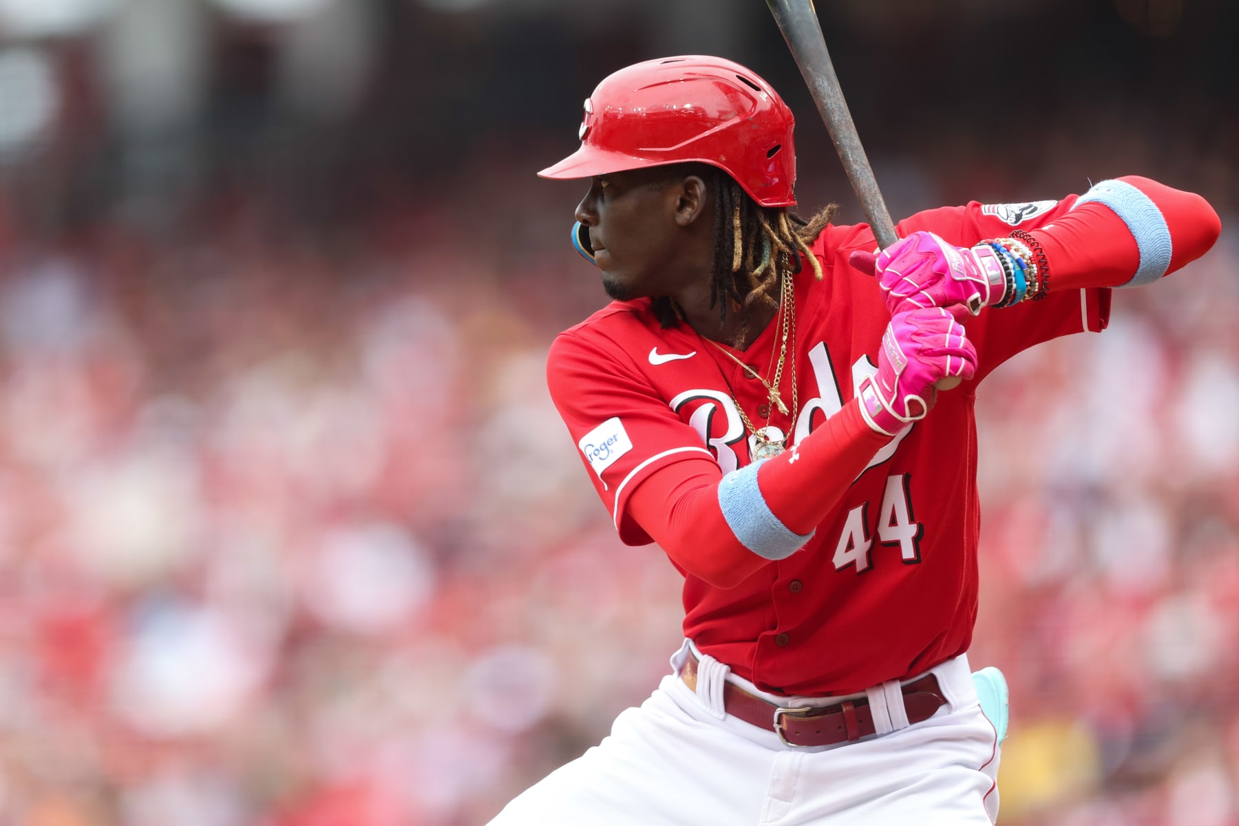 CINCINNATI, OH - JULY 01:  Elly De La Cruz #44 of the Cincinnati Reds strikes out in the first inning during the game between the San Diego Padres and the Cincinnati Reds at Great American Ball Park on Saturday, July 1, 2023 in Cincinnati, Ohio. (Photo by Rob Tringali/MLB Photos via Getty Images)