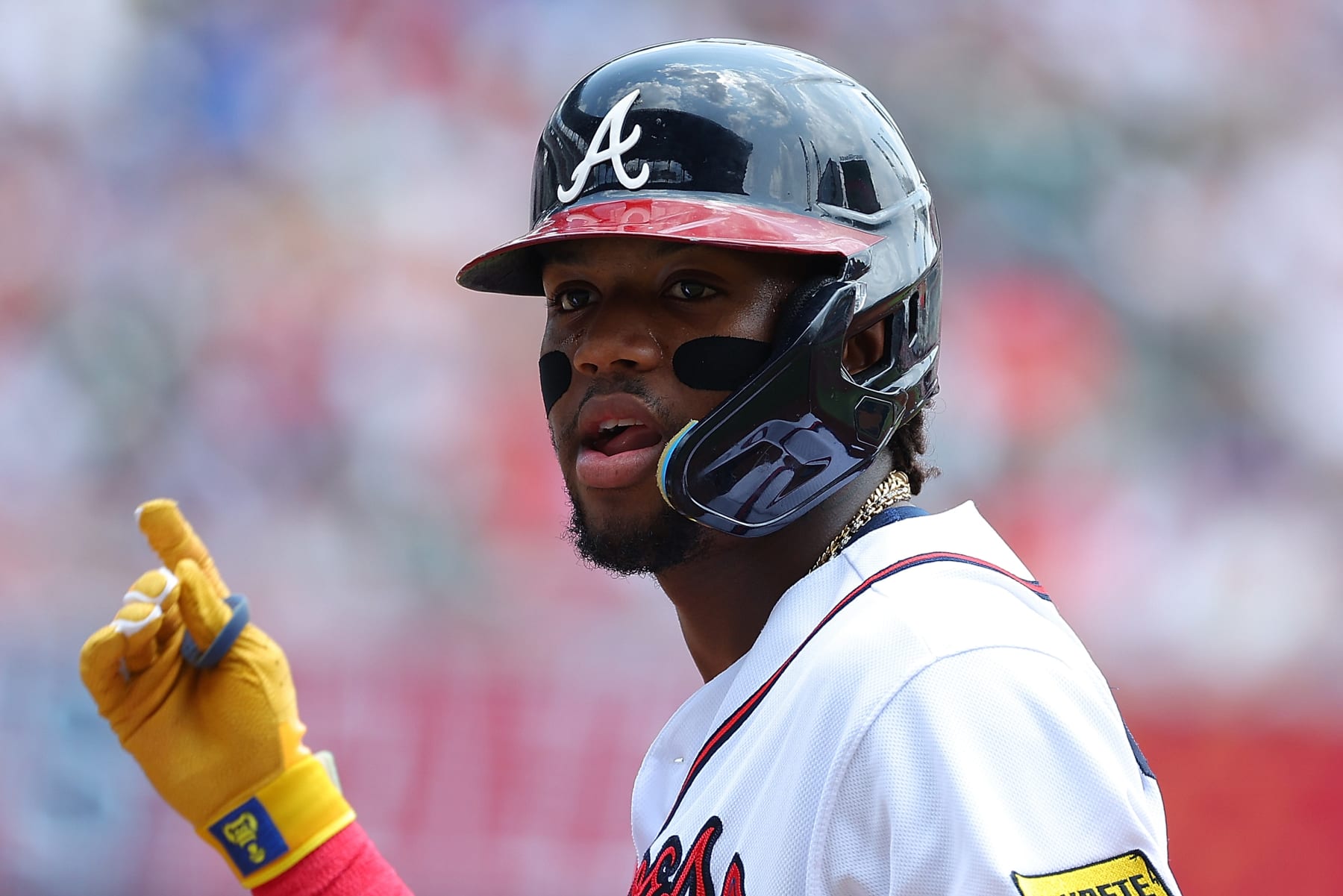 ATLANTA, GEORGIA - JULY 02:  Ronald Acuna Jr. #13 of the Atlanta Braves reacts after a leadoff single in the first inning against the Miami Marlins at Truist Park on July 02, 2023 in Atlanta, Georgia. (Photo by Kevin C. Cox/Getty Images)
