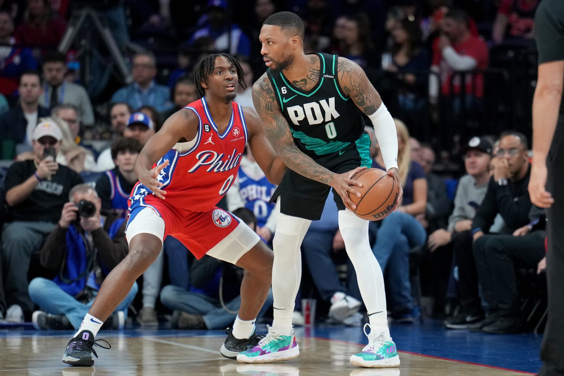 PHILADELPHIA, PA - MARCH 10: Damian Lillard #0 of the Portland Trail Blazers handles the ball during the game against the Philadelphia 76ers on March 10, 2023 at the Wells Fargo Center in Philadelphia, Pennsylvania NOTE TO USER: User expressly acknowledges and agrees that, by downloading and/or using this Photograph, user is consenting to the terms and conditions of the Getty Images License Agreement. Mandatory Copyright Notice: Copyright 2023 NBAE (Photo by Jesse D. Garrabrant/NBAE via Getty Images)