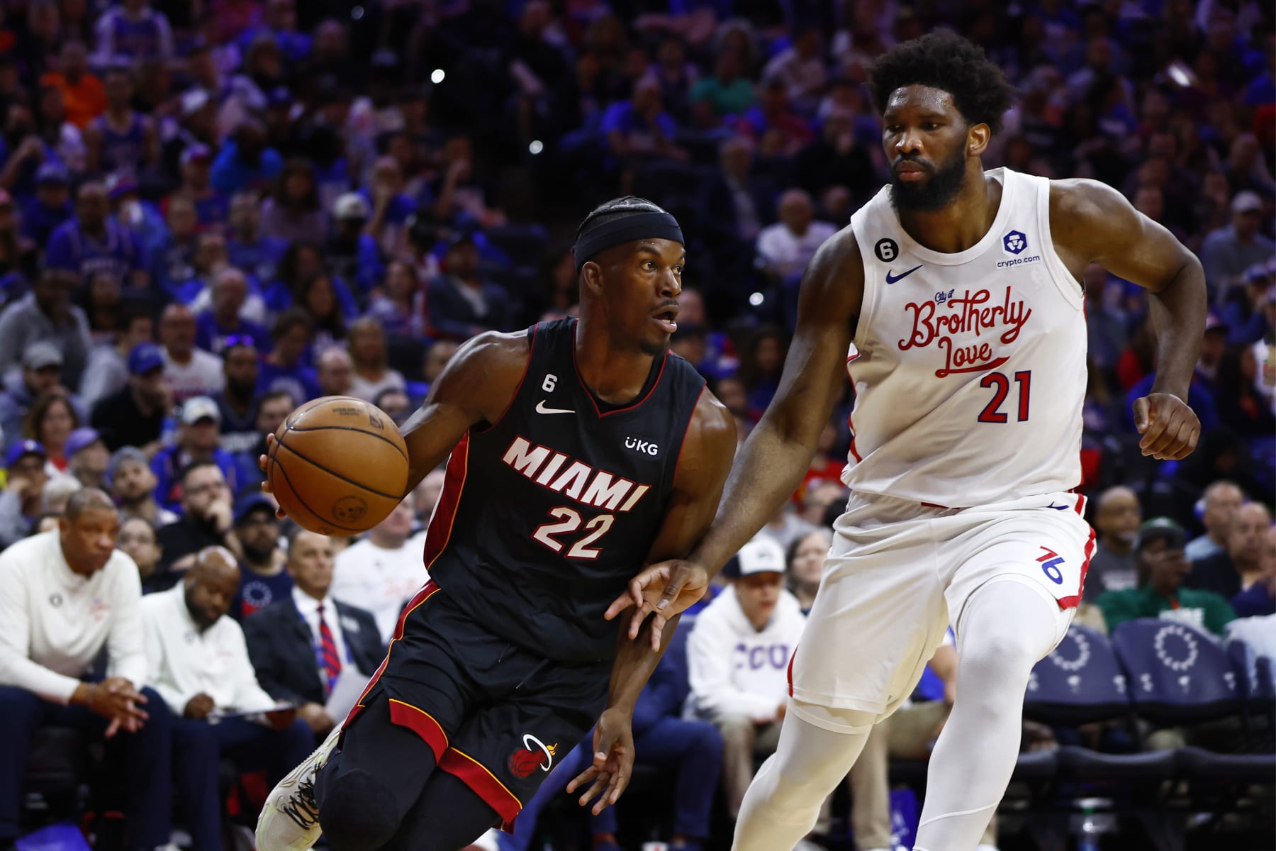 PHILADELPHIA, PA - APRIL 06: Jimmy Butler #22 of the Miami Heat in action against Joel Embiid #21 of the Philadelphia 76ers during a game at Wells Fargo Center on April 6, 2023 in Philadelphia, Pennsylvania. The Heat defeated the 76ers 129-101. NOTE TO USER: User expressly acknowledges and agrees that, by downloading and or using this photograph, User is consenting to the terms and conditions of the Getty Images License Agreement. (Photo by Rich Schultz/Getty Images)