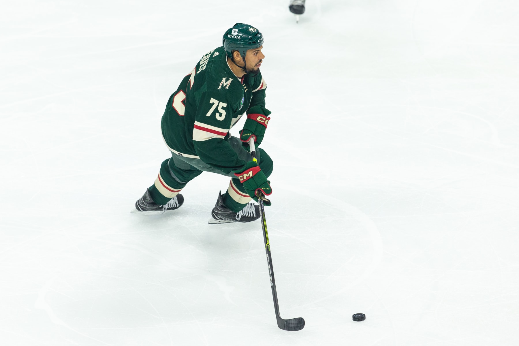 SAINT PAUL, MN - APRIL 21: Minnesota Wild right wing Ryan Reaves (75) skates with the puck during the NHL game between the Minnesota Wild and the Dallas Stars, on April 21st, 2023, at the Xcel Energy Center in Saint Paul, MN. (Photo by Bailey Hillesheim/Icon Sportswire via Getty Images)