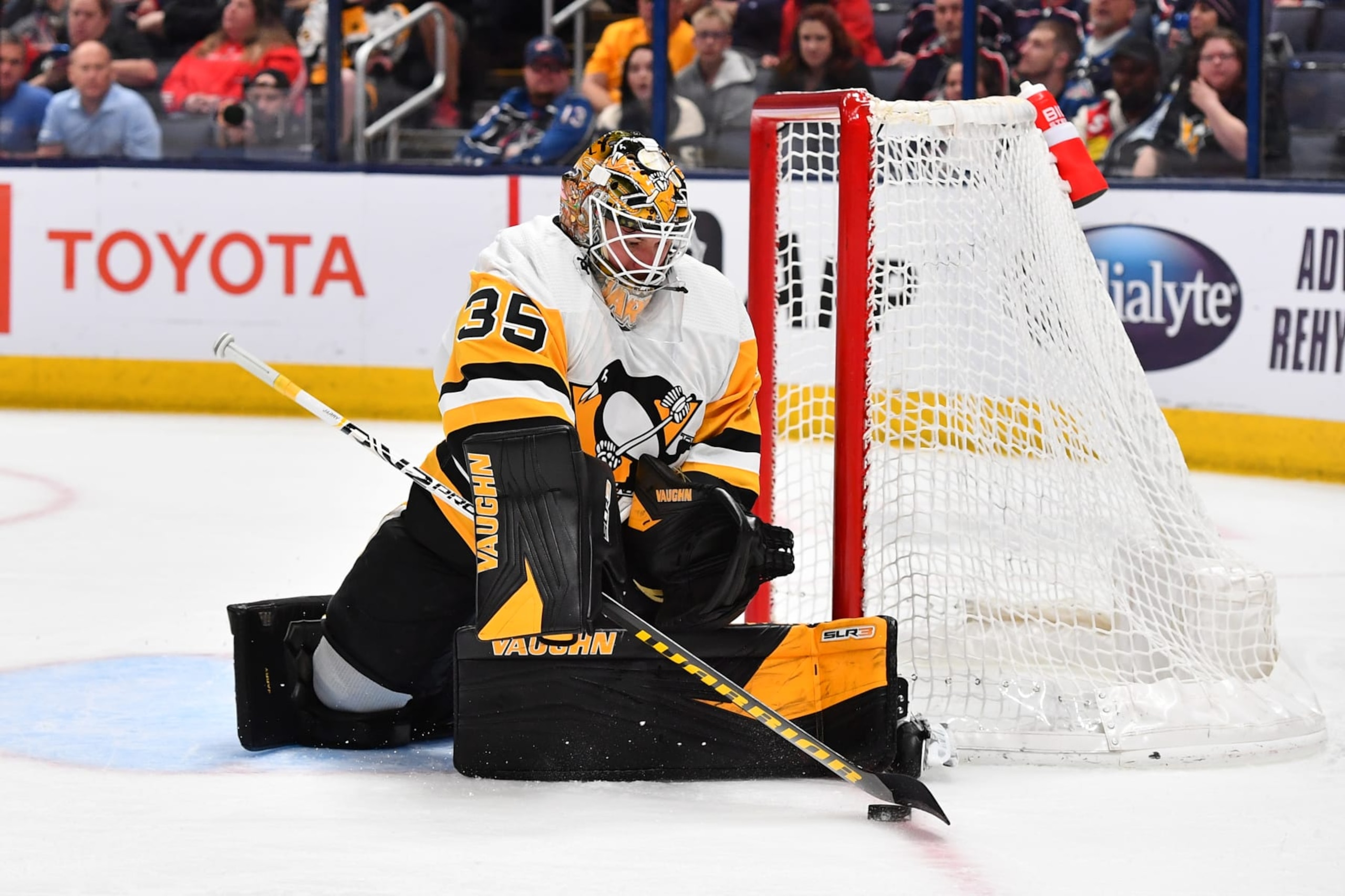 COLUMBUS, OHIO - APRIL 13: Goaltender Tristan Jarry #35 of the Pittsburgh Penguins defends the net during the first period of a game against the Columbus Blue Jackets at Nationwide Arena on April 13, 2023 in Columbus, Ohio. (Photo by Ben Jackson/NHLI via Getty Images)