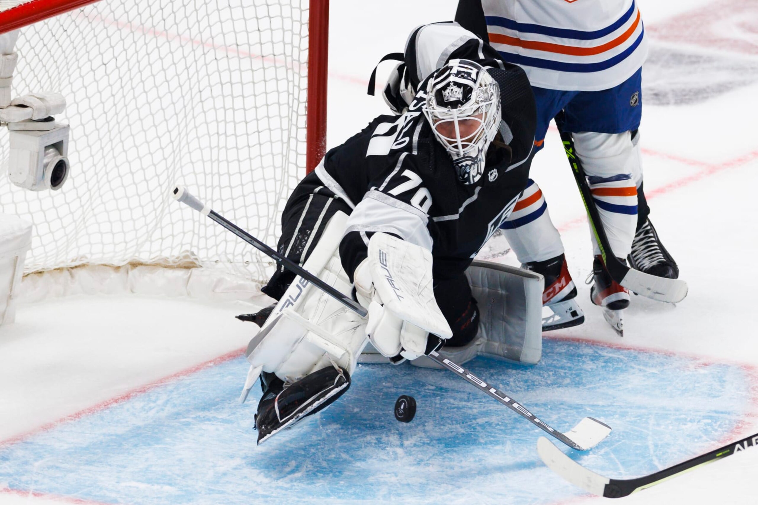 LOS ANGELES, CA - APRIL 23: Los Angeles Kings goaltender Joonas Korpisalo (70) makes a save during an NHL First Round Western Conference Playoff game between the Edmonton Oilers and the Los Angeles Kings on April 23, 2023, at the Crypto.com Arena in Los Angeles, CA. (Photo by Ric Tapia/Icon Sportswire via Getty Images)