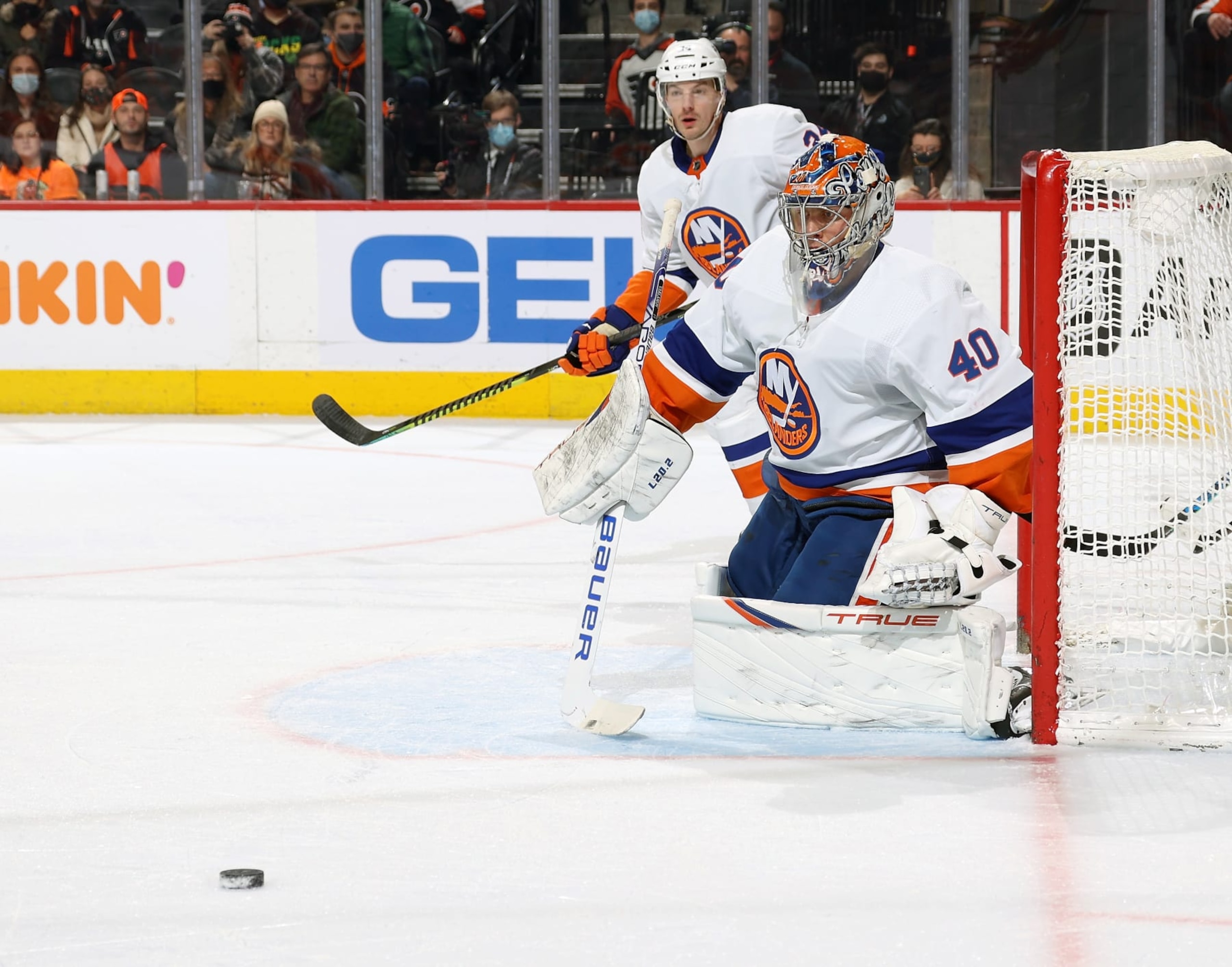 New York Islanders goaltender Semyon Varlamov (right) and defenseman Scott Mayfield. 