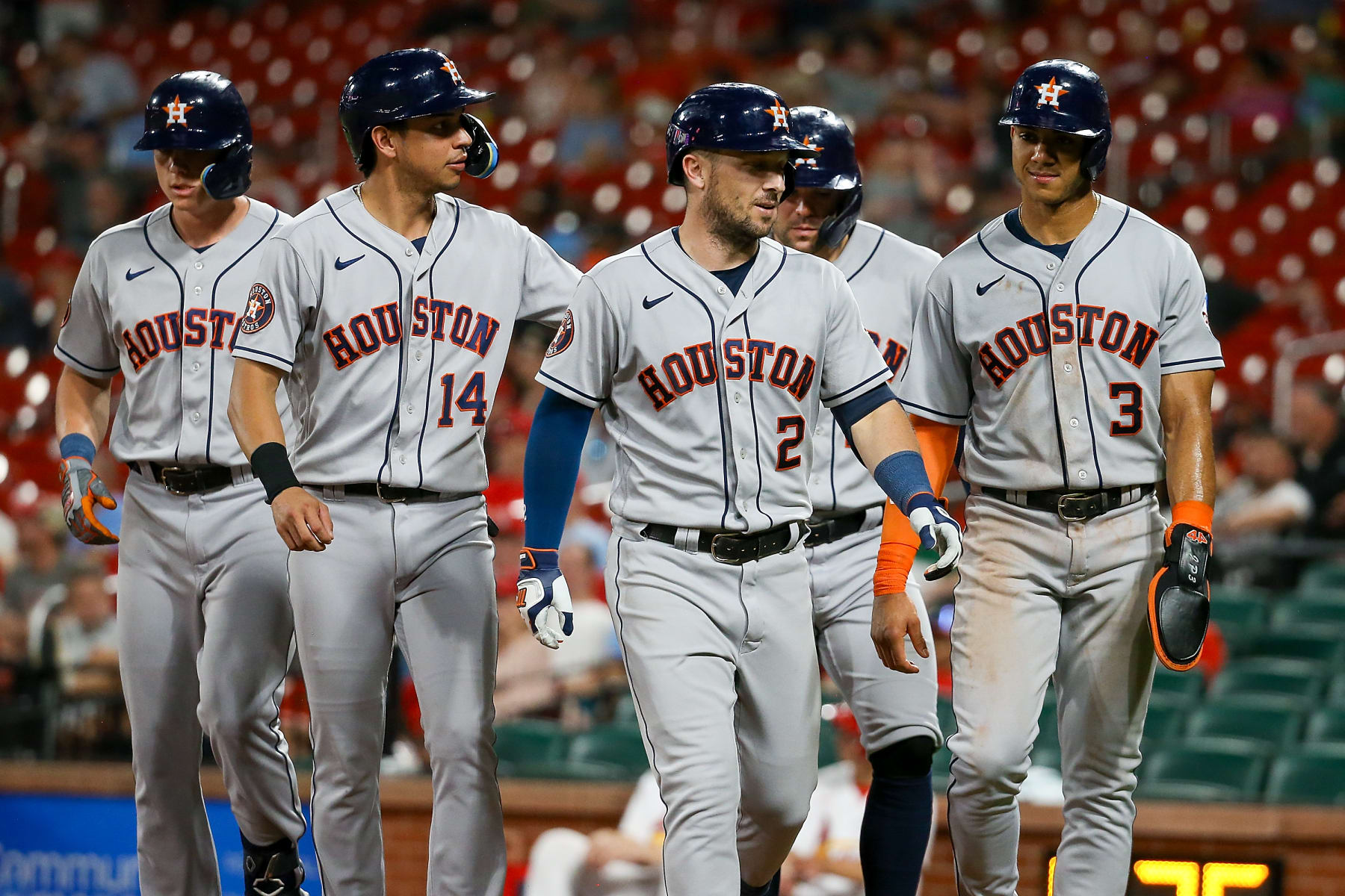 ST. LOUIS, MO - JUNE 29: Alex Bregman #2 of the Houston Astros and teammates walk to the dugout after hitting a grand slam home run during the ninth inning against the St. Louis Cardinals to the dugout  at Busch Stadium on June 29, 2023 in St. Louis, Missouri. (Photo by Scott Kane/Getty Images)