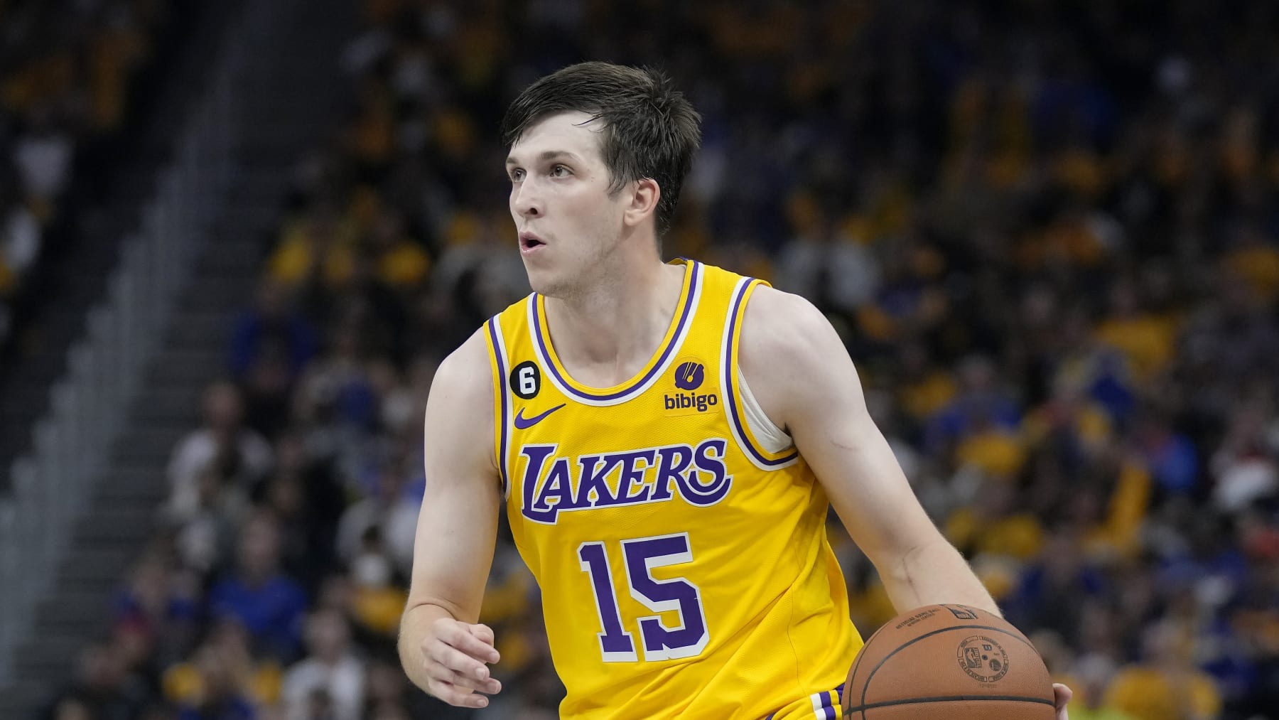 Los Angeles Lakers guard Austin Reaves (15) during Game 1 of the NBA basketball Western Conference semifinals against the Golden State Warriors in San Francisco, Tuesday, May 2, 2023. (AP Photo/Jeff Chiu)