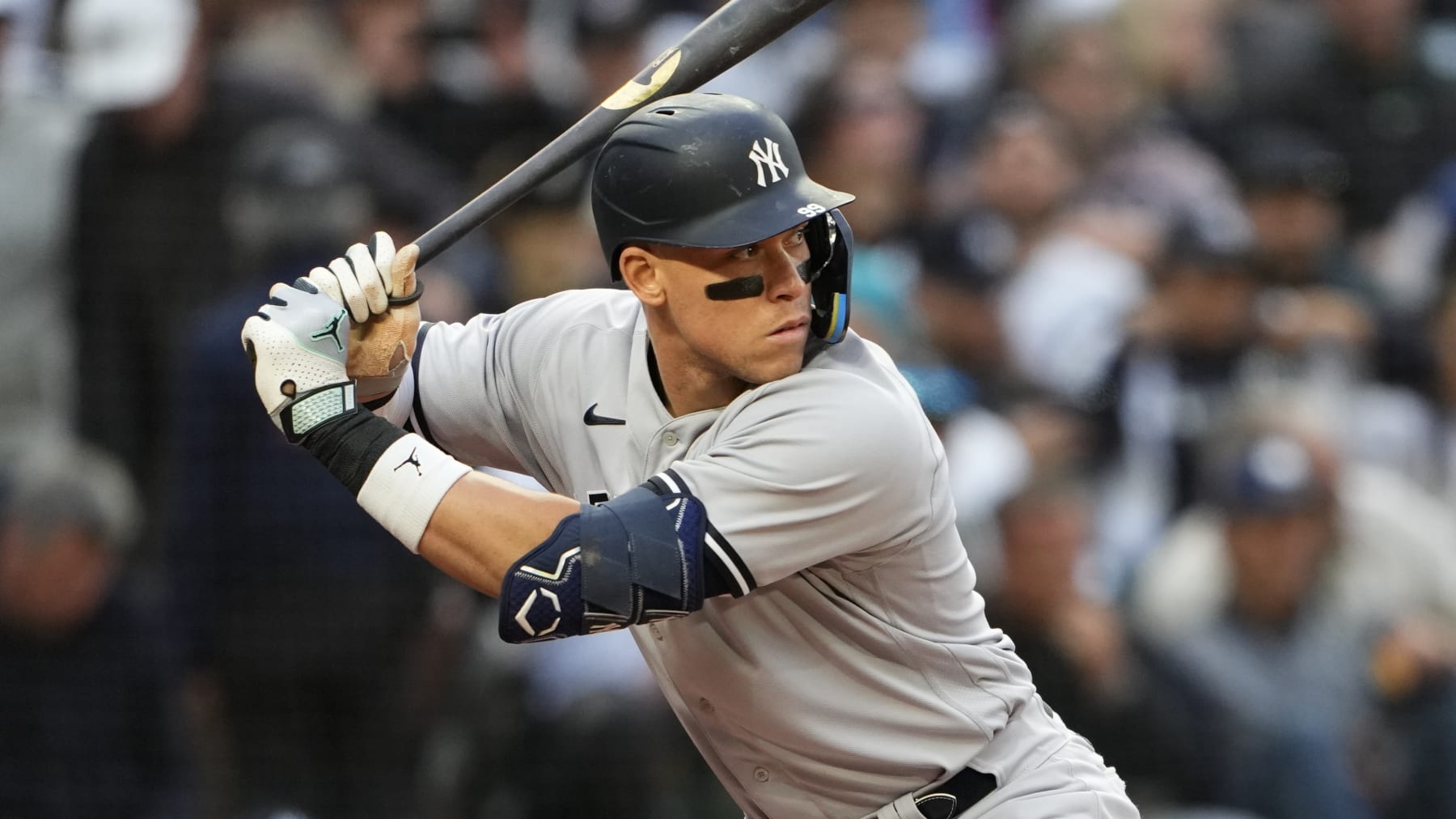 New York Yankees designated hitter Aaron Judge waits for a pitch during an at-bat against the Seattle Mariners in a baseball game Wednesday, May 31, 2023, in Seattle. (AP Photo/Lindsey Wasson)