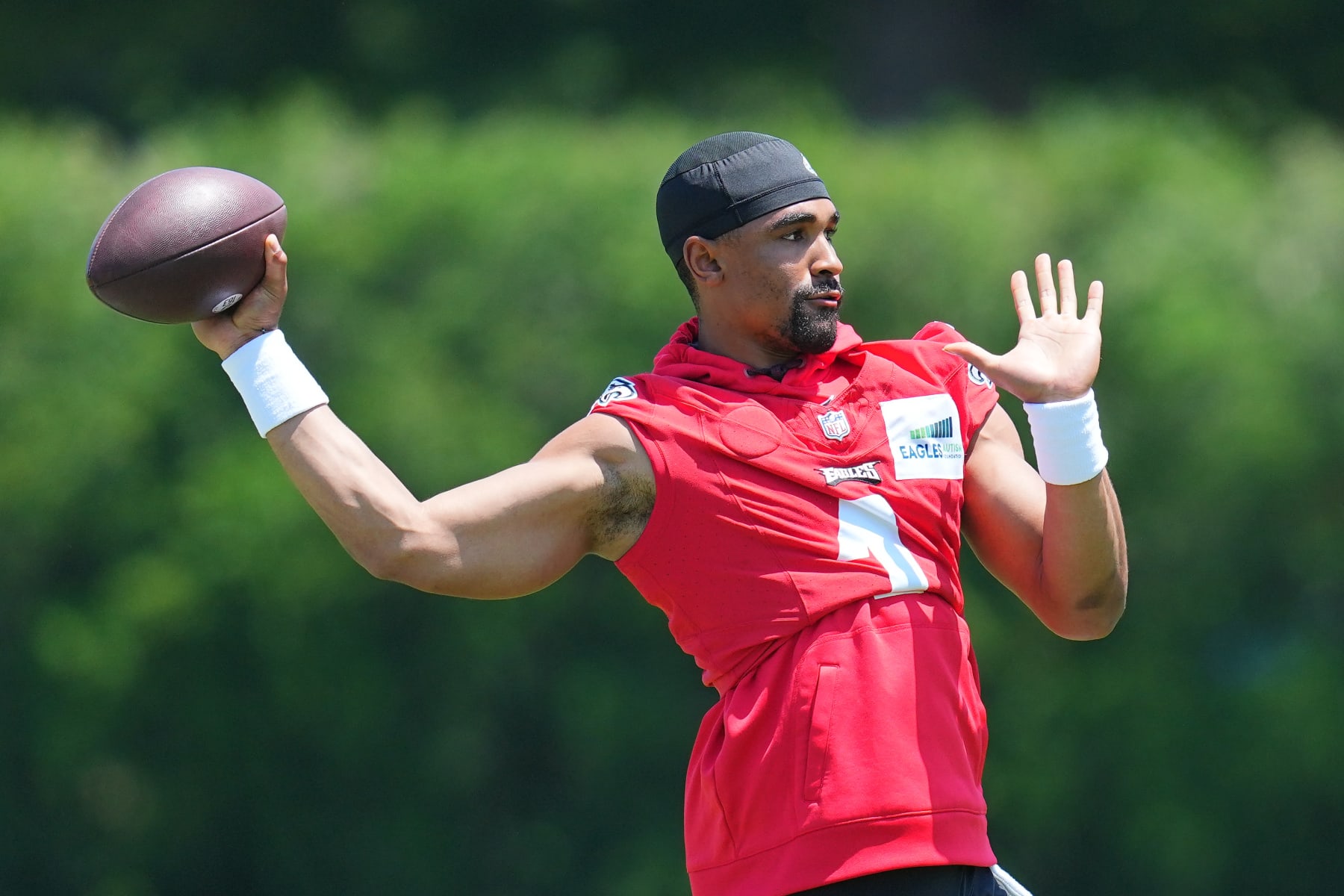PHILADELPHIA, PENNSYLVANIA - JUNE 1: Jalen Hurts #1 of the Philadelphia Eagles throws a pass during OTAs at the NovaCare Complex on June 1, 2023 in Philadelphia, Pennsylvania. (Photo by Mitchell Leff/Getty Images)