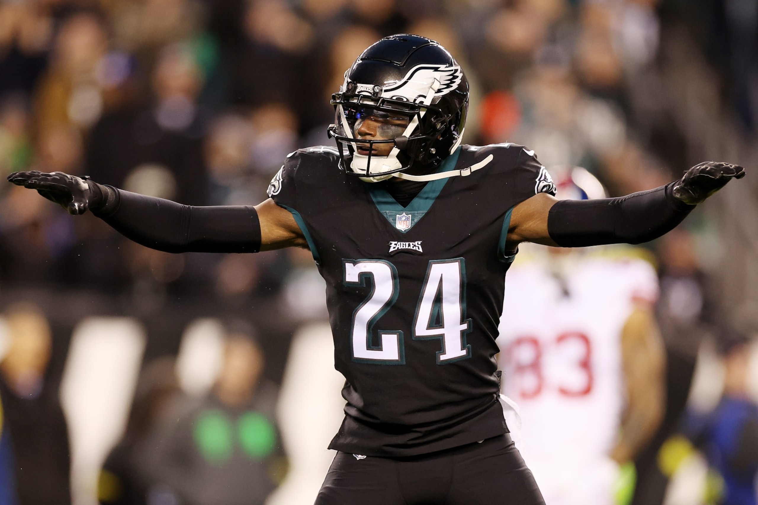 PHILADELPHIA, PENNSYLVANIA - JANUARY 08: James Bradberry #24 of the Philadelphia Eagles celebrates an incomplete pass during the first quarter against the New York Giants at Lincoln Financial Field on January 08, 2023 in Philadelphia, Pennsylvania. (Photo by Tim Nwachukwu/Getty Images)