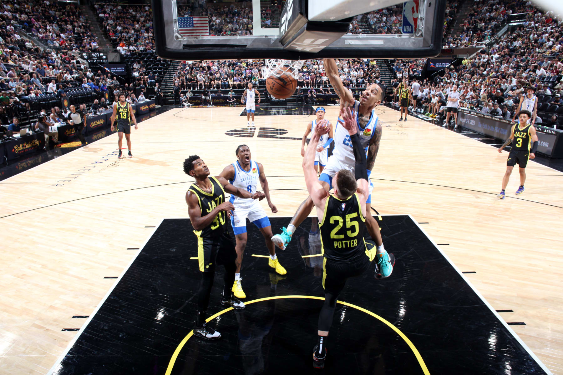 SALT LAKE CITY, UT - JULY 3: Tre Mann #23 of the Oklahoma City Thunder dunks the ball during the game against the Utah Jazz during the 2023 NBA Salt Lake City Summer League on July 3, 2023 at Delta Center in Salt Lake City, Utah. NOTE TO USER: User expressly acknowledges and agrees that, by downloading and or using this Photograph, User is consenting to the terms and conditions of the Getty Images License Agreement. Mandatory Copyright Notice: Copyright 2023 NBAE (Photo by Melissa Majchrzak/NBAE via Getty Images)