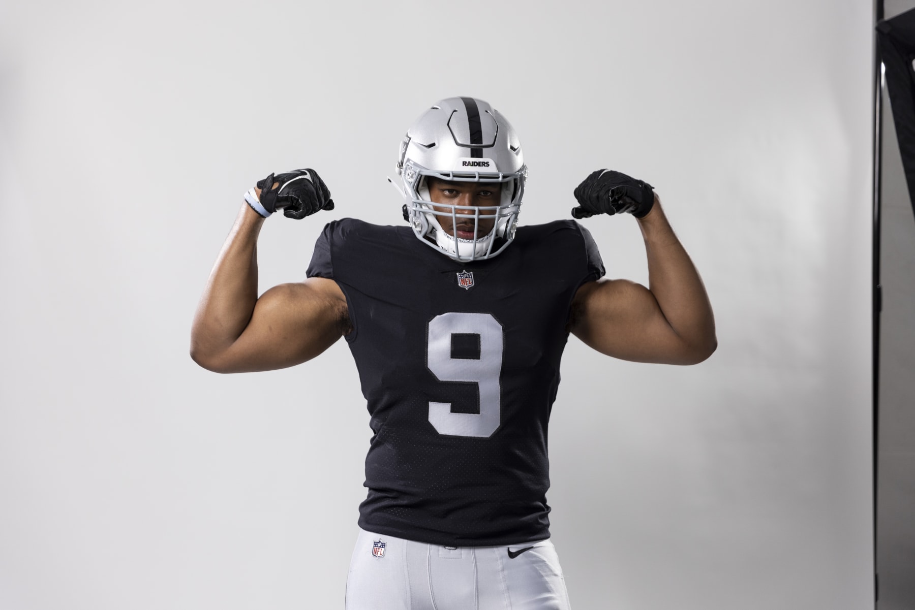 LOS ANGELES, CALIFORNIA - MAY 20: Tyree Wilson #9 of the Las Vegas Raiders poses for a portrait during the NFLPA Rookie Premiere on May 20, 2023 in Los Angeles, California. (Photo by Michael Owens/Getty Images)