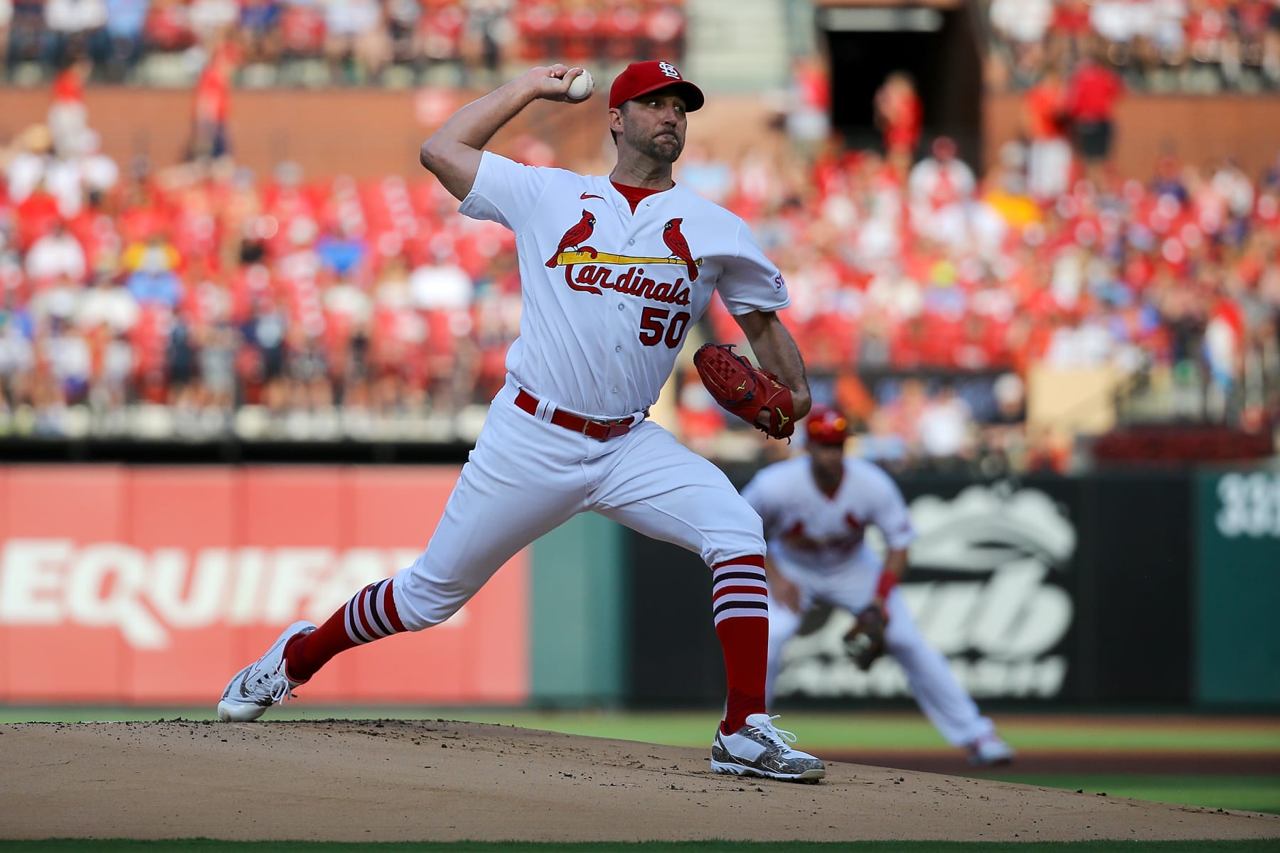 ST. LOUIS, MO - JUNE 29: Adam Wainwright #50 of the St. Louis Cardinals pitches during the first inning against the Houston Astros at Busch Stadium on June 29, 2023 in St. Louis, Missouri. (Photo by Scott Kane/Getty Images)