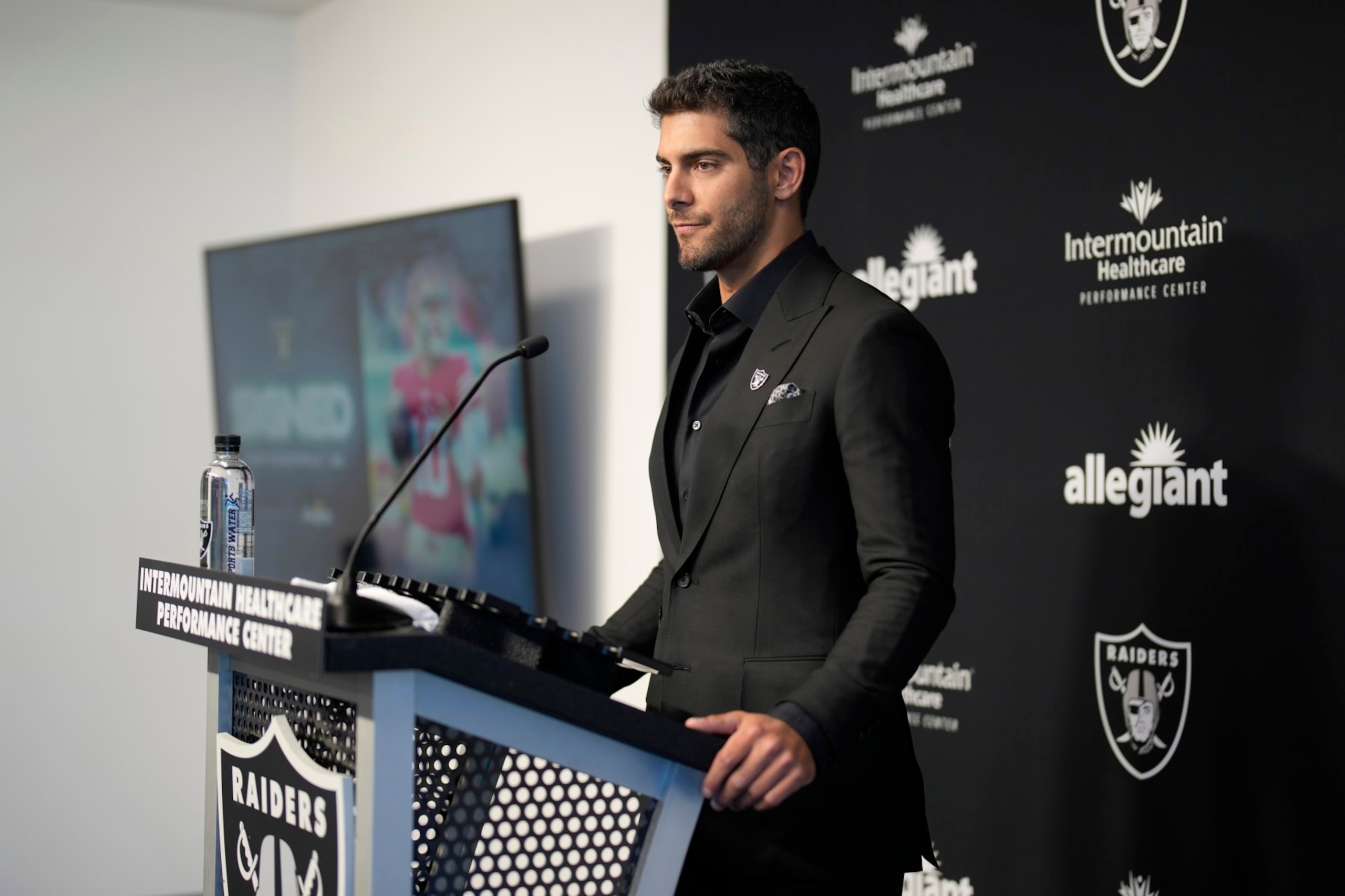 Las Vegas Raiders quarterback Jimmy Garoppolo takes questions at a news conference Friday, March 17, 2023, in Henderson, Nev. (AP Photo/John Locher)