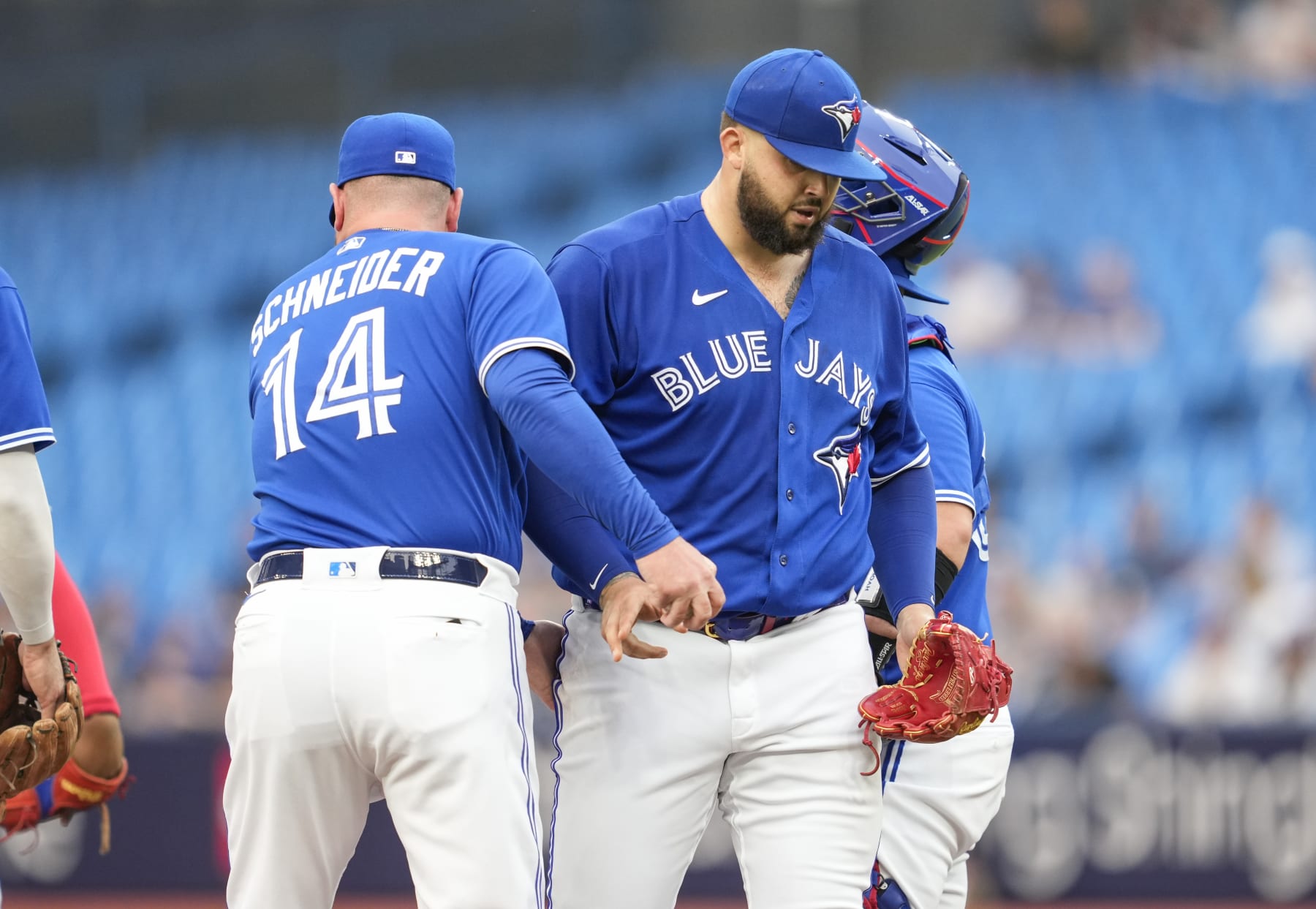 TORONTO, ON - JUNE 5: Alek Manoah #6 of the Toronto Blue Jays gets pulled from the game by manager John Schneider against the Houston Astros in the first inning during their MLB game at the Rogers Centre on June 5, 2023 in Toronto, Ontario, Canada. (Photo by Mark Blinch/Getty Images)