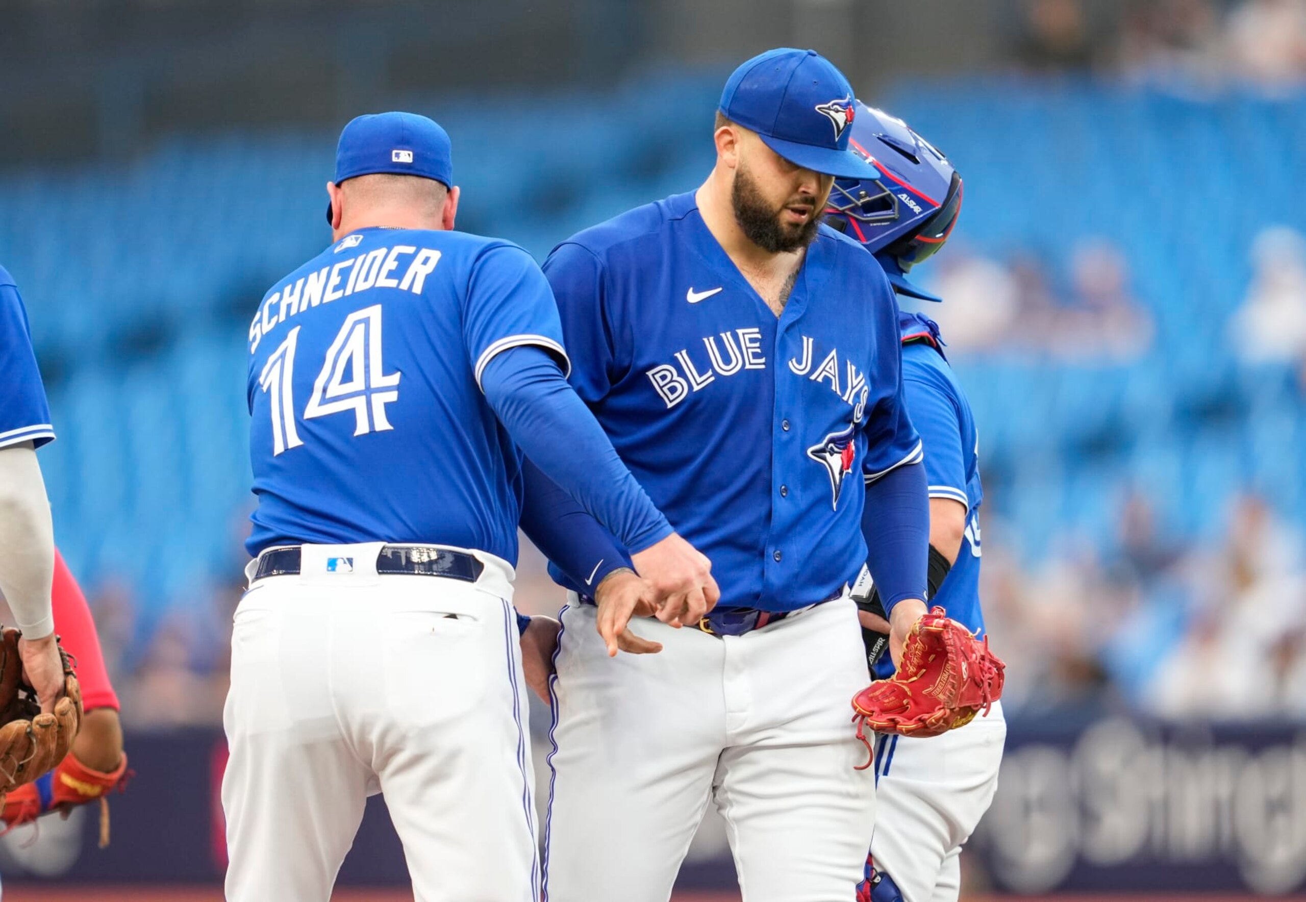 TORONTO, ON - JUNE 5: Alek Manoah #6 of the Toronto Blue Jays gets pulled from the game by manager John Schneider against the Houston Astros in the first inning during their MLB game at the Rogers Centre on June 5, 2023 in Toronto, Ontario, Canada. (Photo by Mark Blinch/Getty Images)