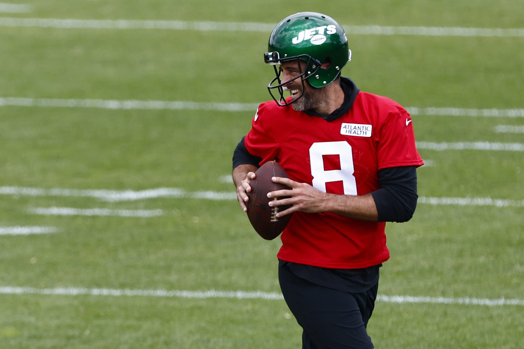 FLORHAM PARK, NEW JERSEY - JUNE 9: Quarterback Aaron Rodgers #8 of the New York Jets during the teams OTAs at Atlantic Health Jets Training Center on June 9, 2023 in Florham Park, New Jersey. (Photo by Rich Schultz/Getty Images)