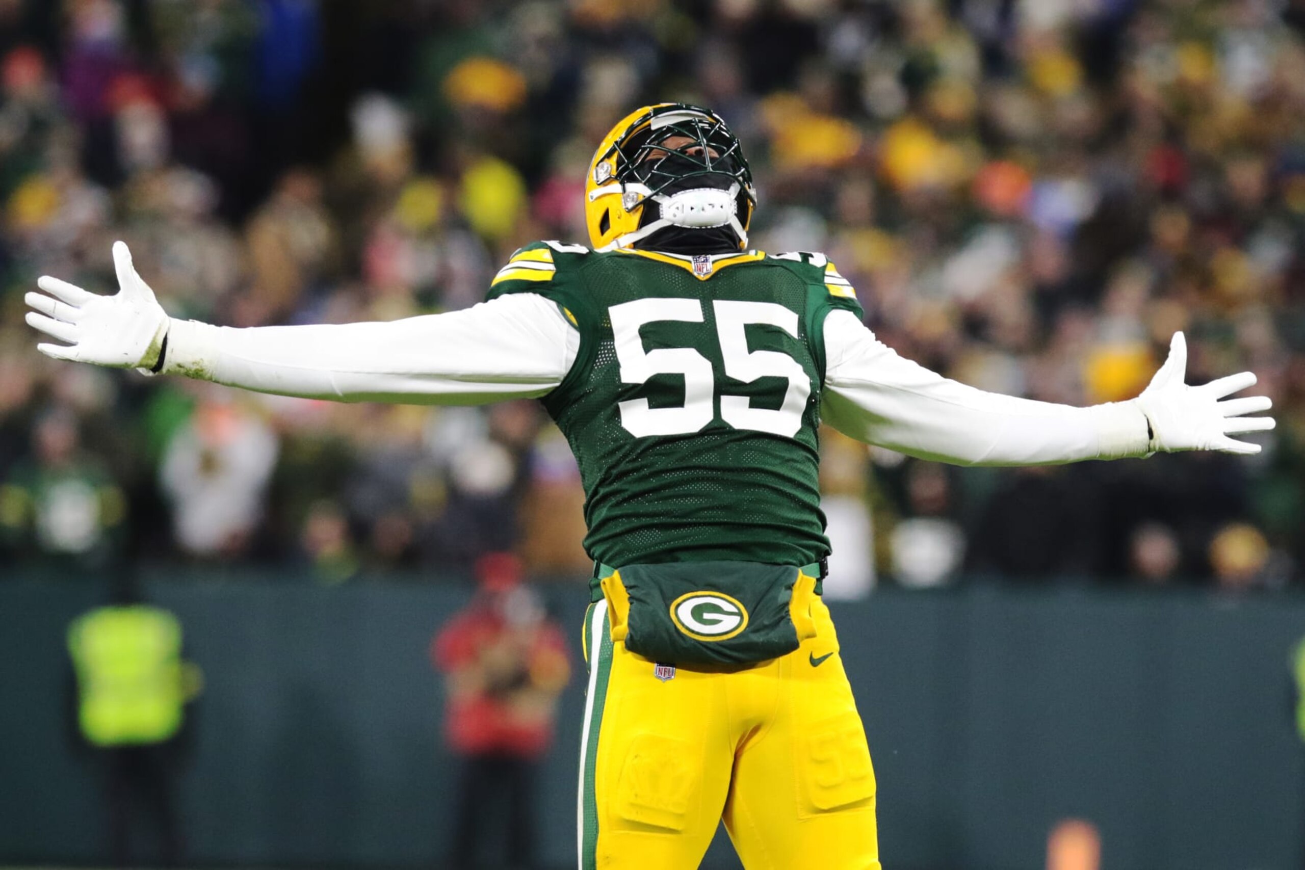 GREEN BAY, WI - DECEMBER 19: Green Bay Packers linebacker Kingsley Enagbare (55) celebrates a sack during a game between the Green Bay Packers and the Los Angeles Rams on December 19, 2022 at Lambeau Field in Green Bay, WI. (Photo by Larry Radloff/Icon Sportswire via Getty Images) GREEN BAY, WI - DECEMBER 19: Green Bay Packers linebacker Kingsley Enagbare (55) celebrates a sack during a game between the Green Bay Packers and the Los Angeles Rams on December 19, 2022 at Lambeau Field in Green Bay, WI. (Photo by Larry Radloff/Icon Sportswire via Getty Images)