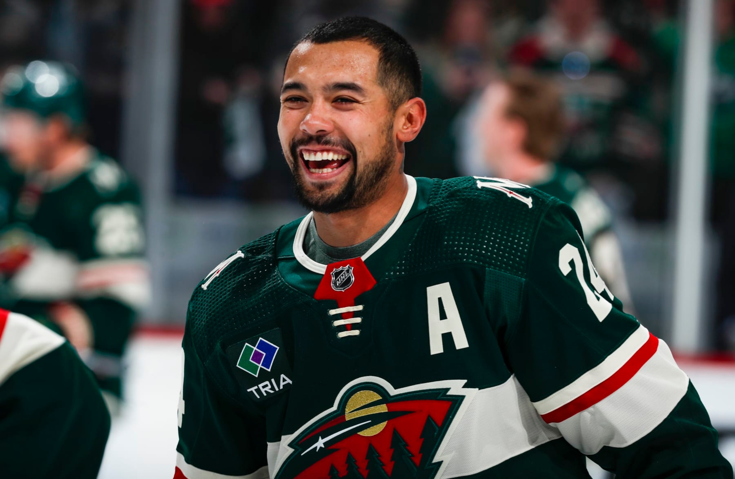 ST PAUL, MN - APRIL 21: Matt Dumba #24 of the Minnesota Wild warms up before Game Three of the First Round of the 2023 Stanley Cup Playoffs at Xcel Energy Center on April 21, 2023 in St Paul, Minnesota. (Photo by Bruce Kluckhohn/NHLI via Getty Images)