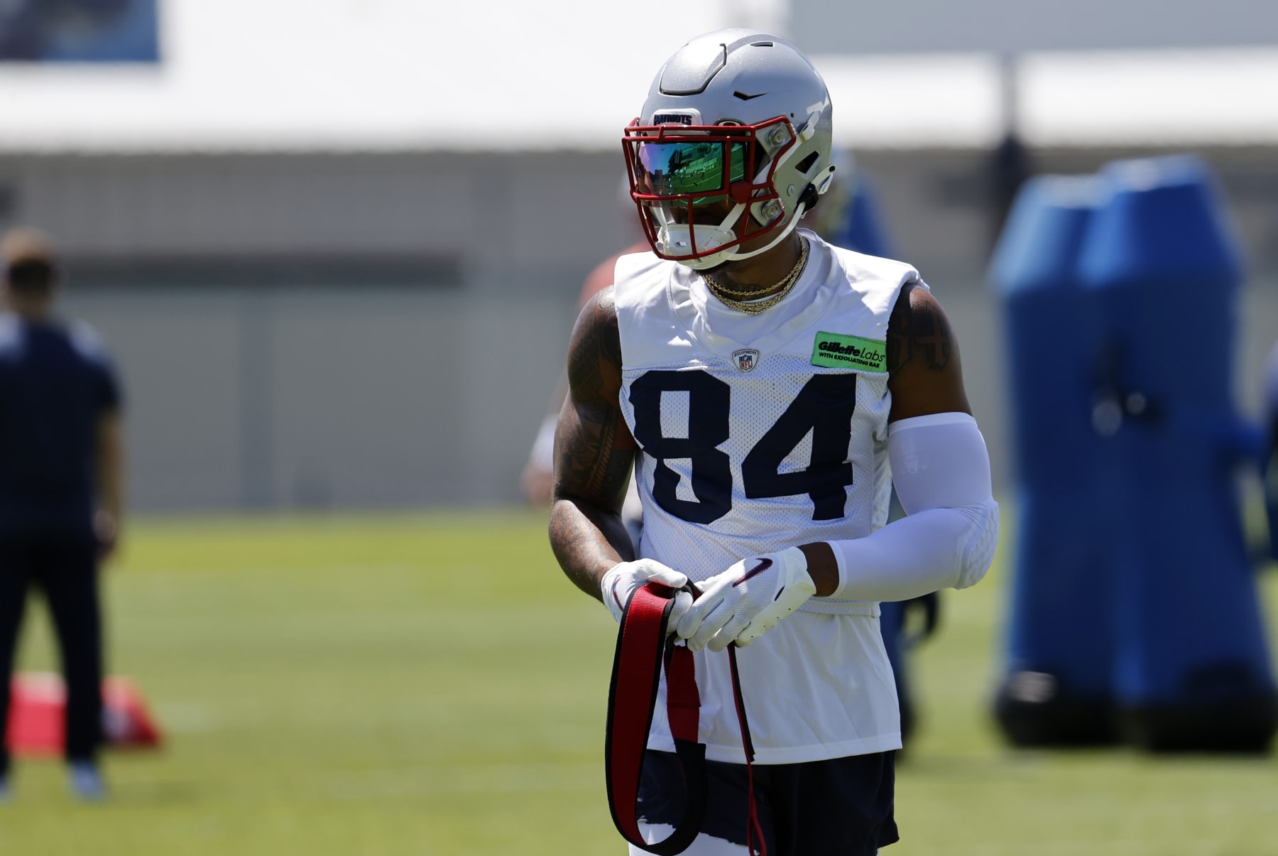 FOXBOROUGH, MA - MAY 31: New England Patriots wide receiver Kendrick Bourne (84) during the first day of New England Patriots Optional Training Activities on May 31, 2023, at the Patriots Training Facility at Gillette Stadium in Foxborough, Massachusetts. (Photo by Fred Kfoury III/Icon Sportswire via Getty Images)