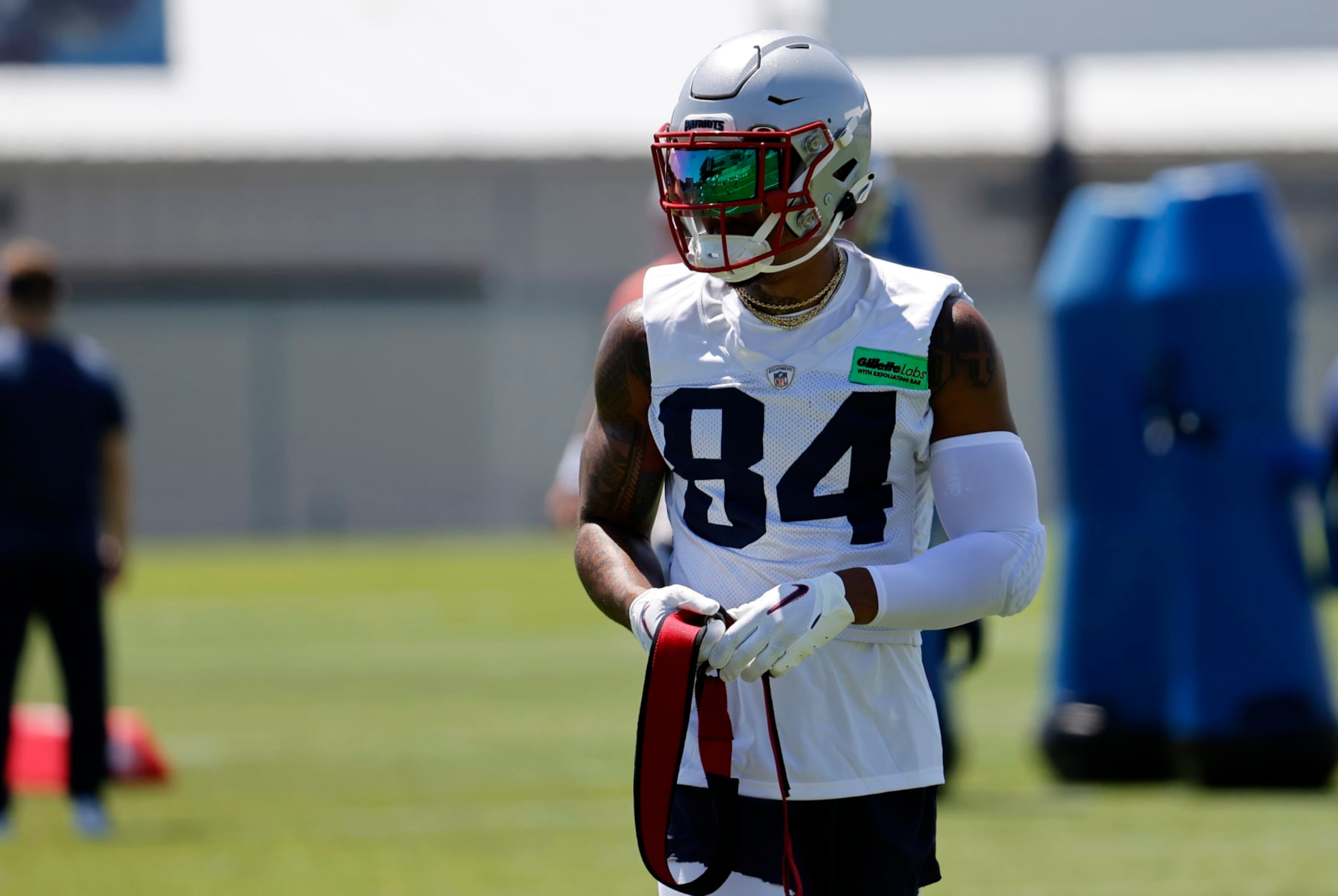 FOXBOROUGH, MA - MAY 31: New England Patriots wide receiver Kendrick Bourne (84) during the first day of New England Patriots Optional Training Activities on May 31, 2023, at the Patriots Training Facility at Gillette Stadium in Foxborough, Massachusetts. (Photo by Fred Kfoury III/Icon Sportswire via Getty Images)