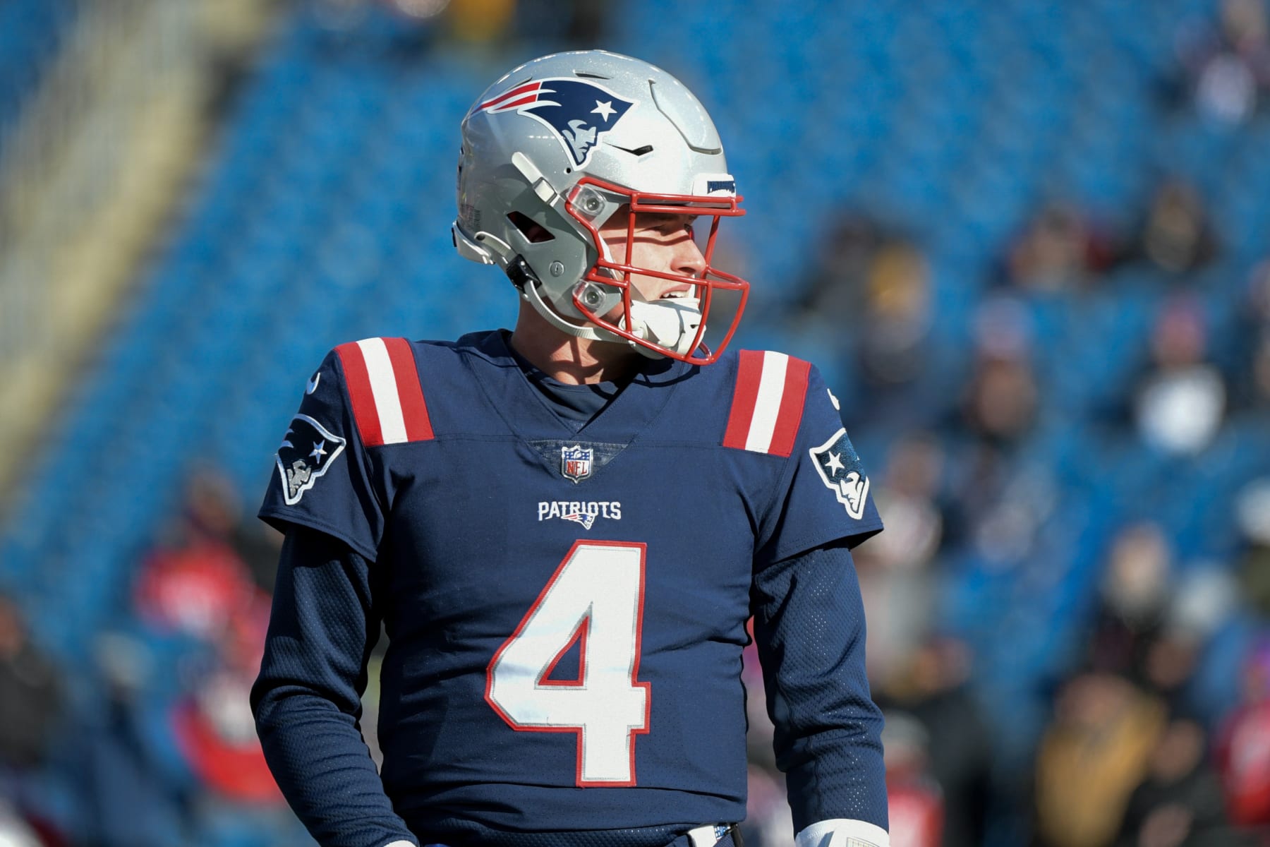 FOXBOROUGH, MA - DECEMBER 24: New England Patriots quarterback Bailey Zappe (4) looks on during the warm-up period prior to a game between the New England Patriots and the Cincinnati Bengals on December 24, 2022, at Gillette Stadium in Foxborough, Massachusetts. (Photo by Erica Denhoff/Icon Sportswire via Getty Images)