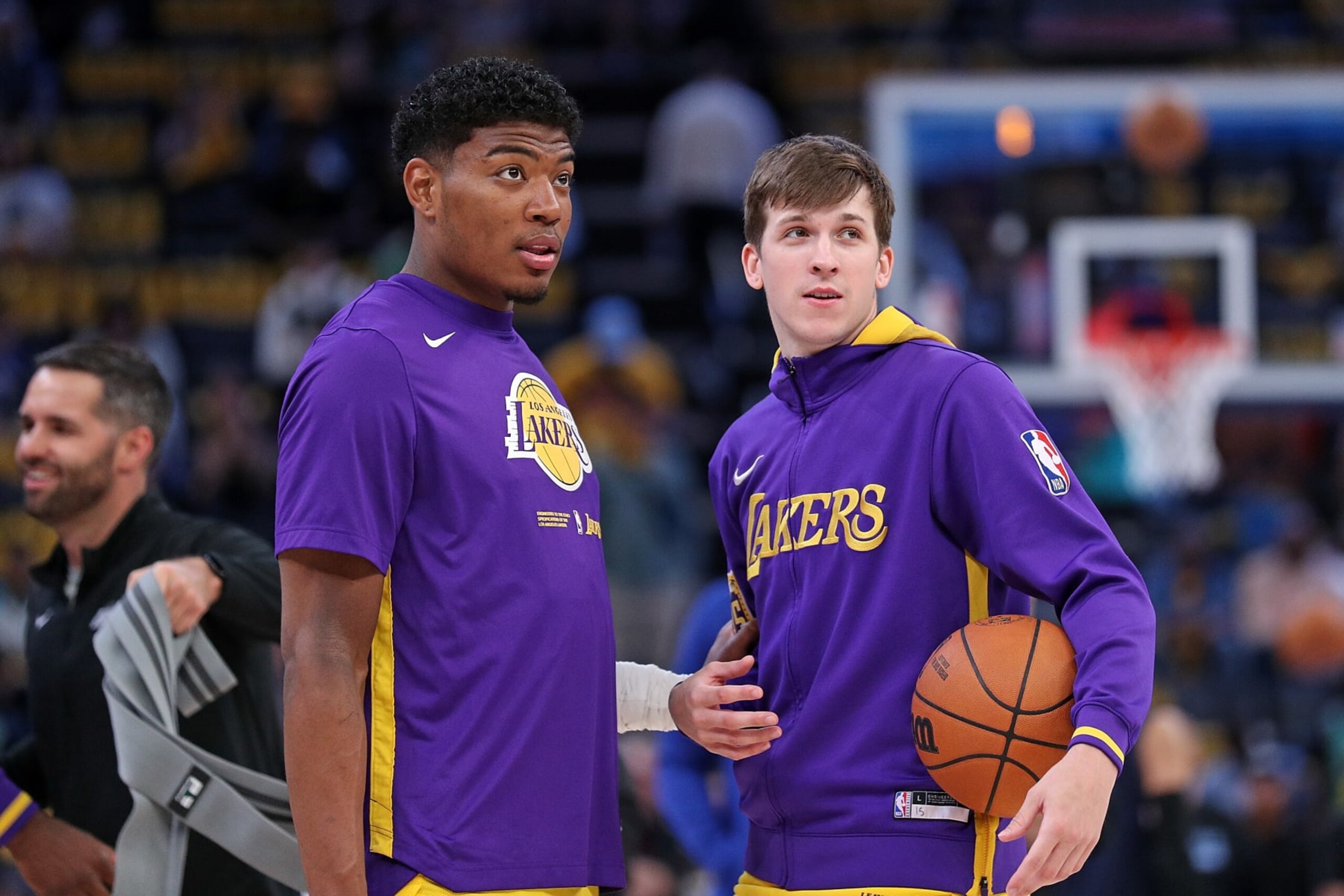 MEMPHIS, TENNESSEE - APRIL 19: Rui Hachimura #28 of the Los Angeles Lakers and Austin Reaves #15 of the Los Angeles Lakers before the game against the Memphis Grizzlies during Game Two of the Western Conference First Round Playoffs at FedExForum on April 16, 2023 in Memphis, Tennessee. NOTE TO USER: User expressly acknowledges and agrees that, by downloading and or using this photograph, User is consenting to the terms and conditions of the Getty Images License Agreement. (Photo by Justin Ford/Getty Images)
