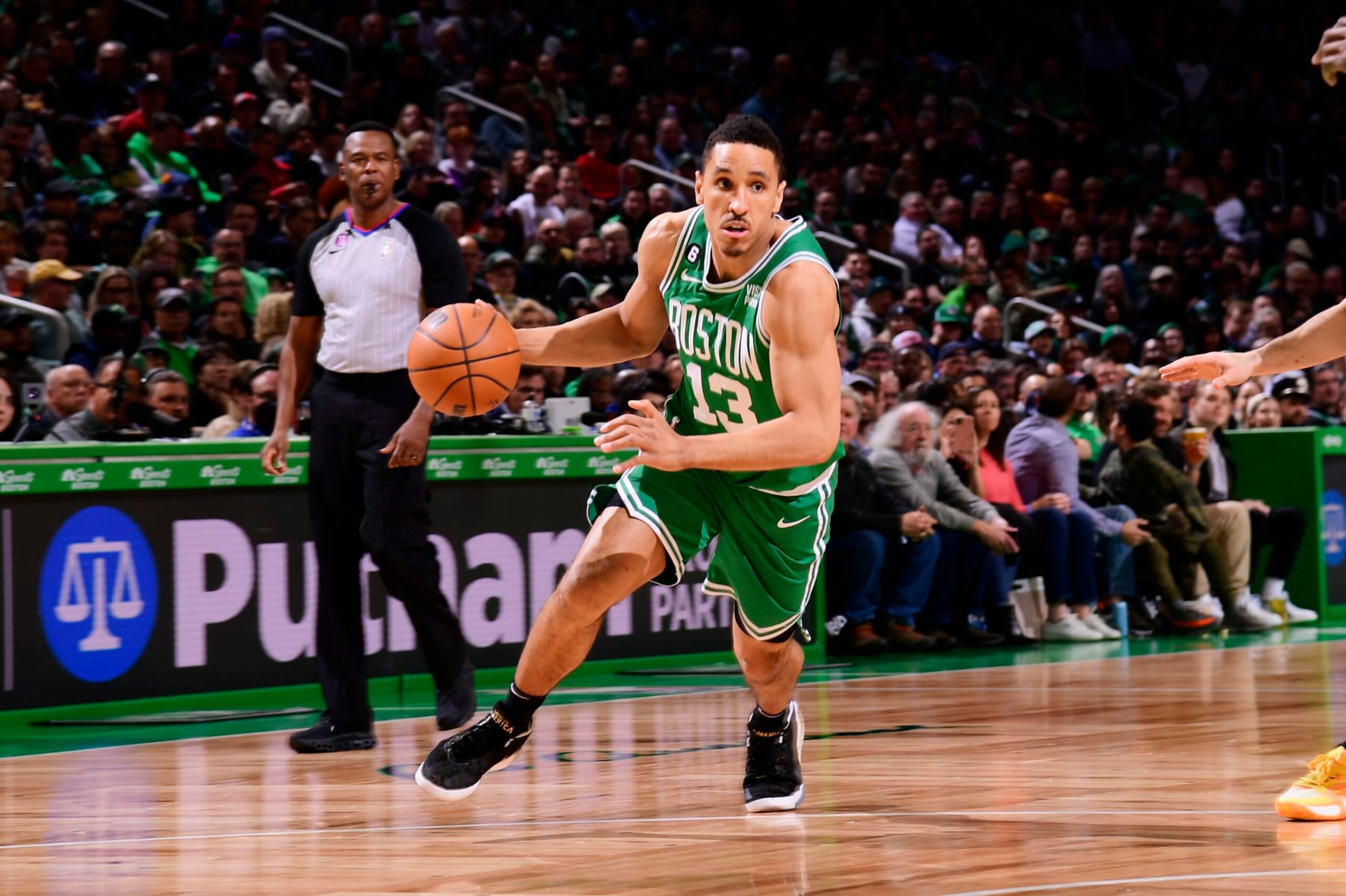 BOSTON, MA - APRIL 5: Malcolm Brogdon #13 of the Boston Celtics drives to the basket during the game against the Toronto Raptors on April 5, 2023 at the TD Garden in Boston, Massachusetts. NOTE TO USER: User expressly acknowledges and agrees that, by downloading and or using this photograph, User is consenting to the terms and conditions of the Getty Images License Agreement. Mandatory Copyright Notice: Copyright 2023 NBAE  (Photo by Brian Babineau/NBAE via Getty Images)