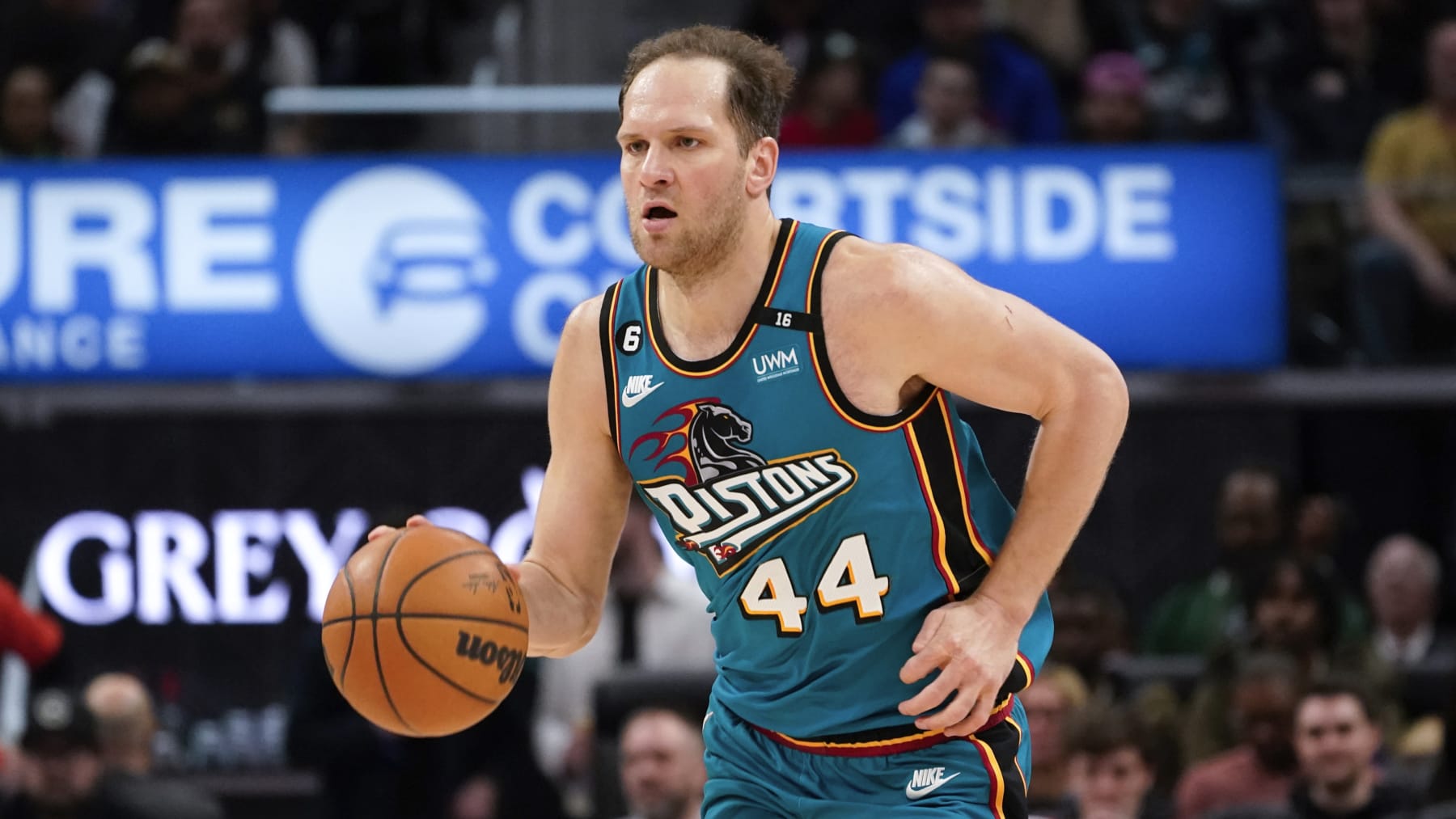Detroit Pistons forward Bojan Bogdanovic (44) plays against the Toronto Raptors in the second half of an NBA basketball game in Detroit, Saturday, Feb. 25, 2023. (AP Photo/Paul Sancya)