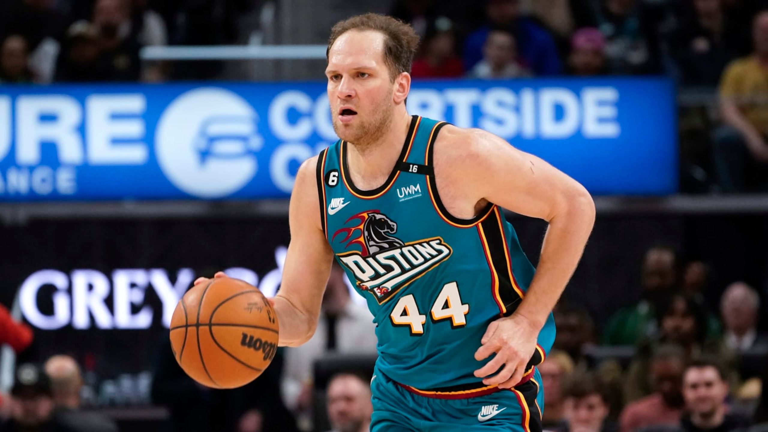 Detroit Pistons forward Bojan Bogdanovic (44) plays against the Toronto Raptors in the second half of an NBA basketball game in Detroit, Saturday, Feb. 25, 2023. (AP Photo/Paul Sancya)