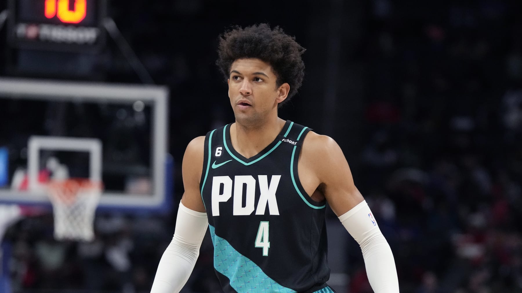 Portland Trail Blazers guard Matisse Thybulle plays during the second half of an NBA basketball game, Monday, March 6, 2023, in Detroit. (AP Photo/Carlos Osorio)