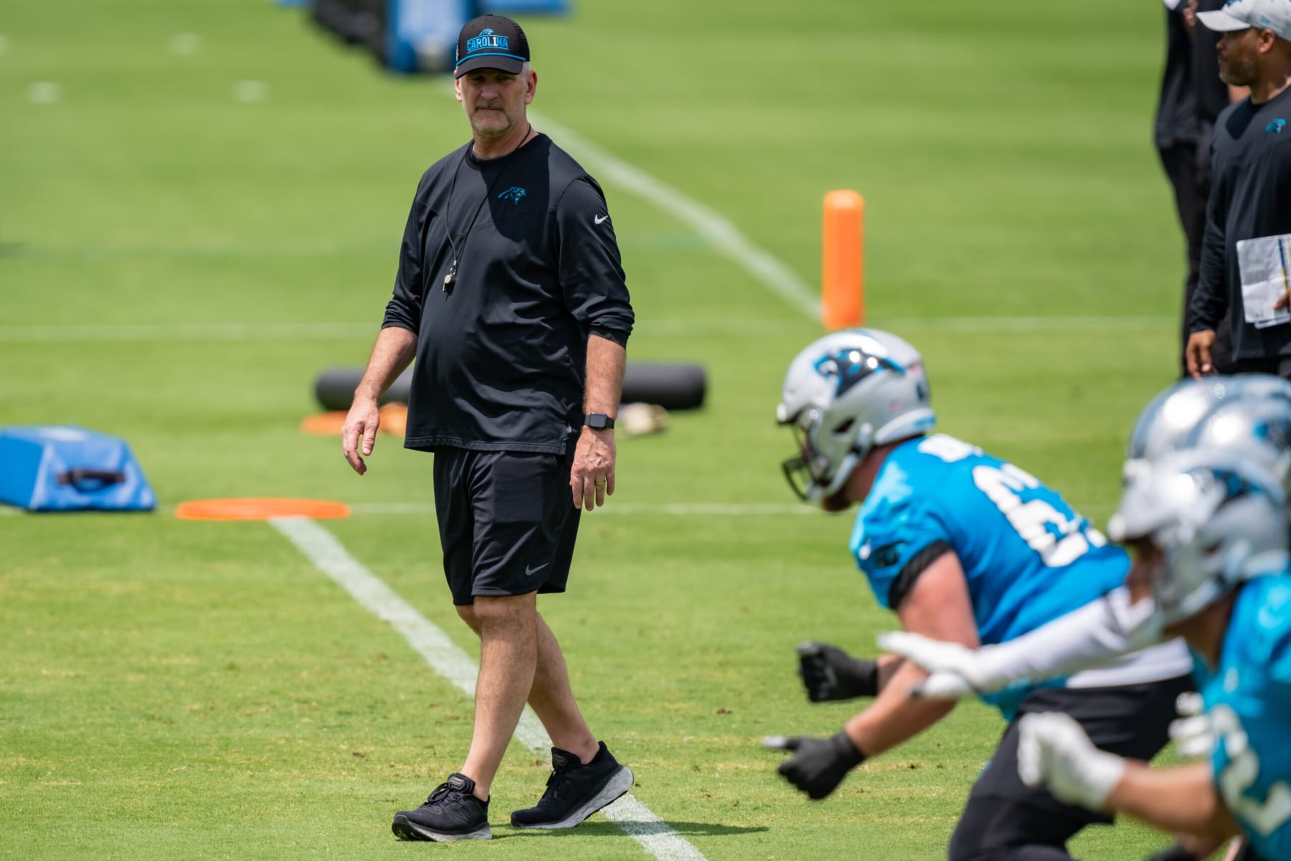 CHARLOTTE, NORTH CAROLINA - MAY 13: Head coach Frank Reich of the Carolina Panthers looks on during the Panthers Rookie Minicamp at Bank of America Stadium on May 13, 2023 in Charlotte, North Carolina. (Photo by Jacob Kupferman/Getty Images)