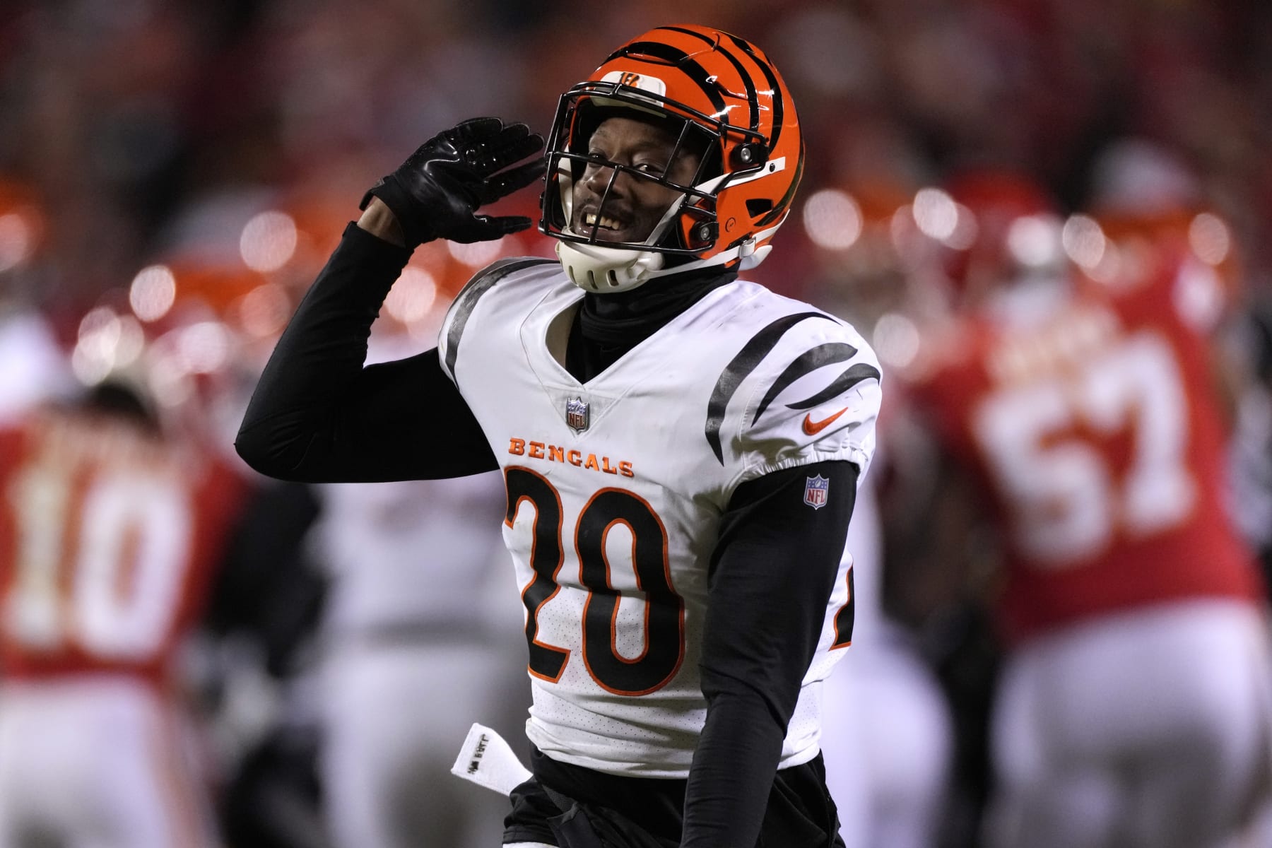 Cincinnati Bengals cornerback Eli Apple (20) celebrates a fumble recovery against the Kansas City Chiefs during the second half of the NFL AFC Championship playoff football game, Sunday, Jan. 29, 2023, in Kansas City, Mo. (AP Photo/Jeff Roberson)