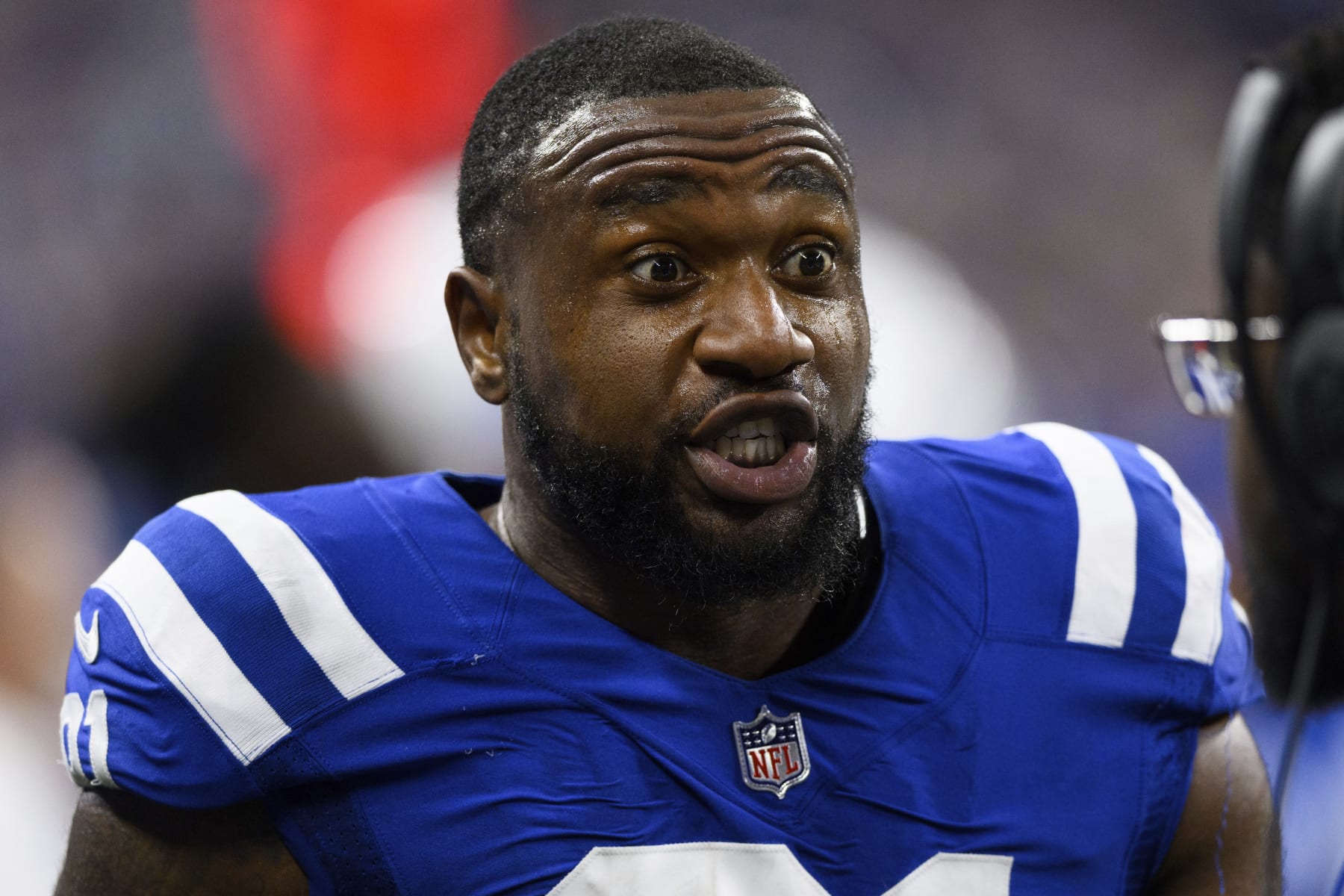 Indianapolis Colts defensive end Yannick Ngakoue (91) on the sidelines during an NFL football game against the Washington Commanders, Sunday, Oct. 30, 2022, in Indianapolis. (AP Photo/Zach Bolinger)