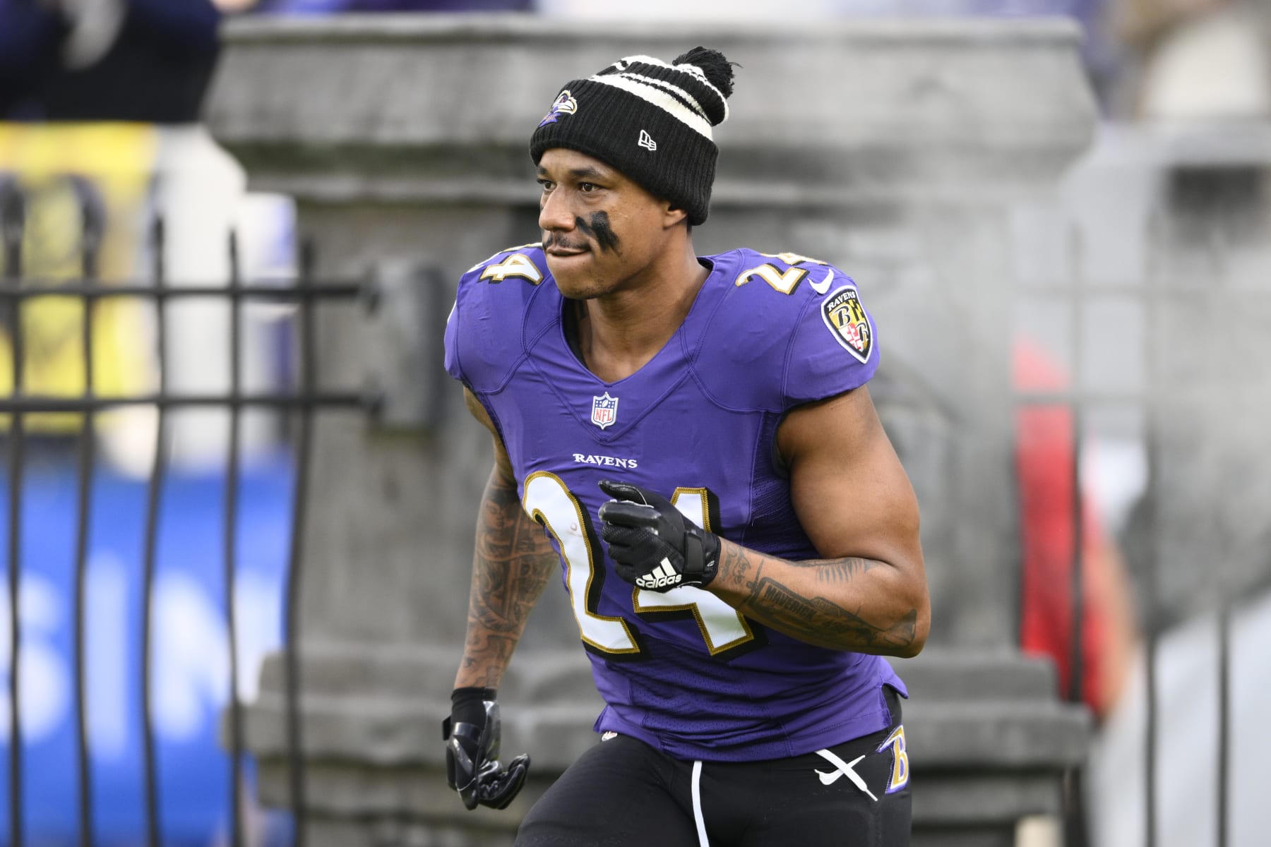 Baltimore Ravens cornerback Marcus Peters (24) takes to the field before an NFL football game against the Denver Broncos, Sunday, Dec. 4, 2022, in Baltimore. (AP Photo/Nick Wass)
