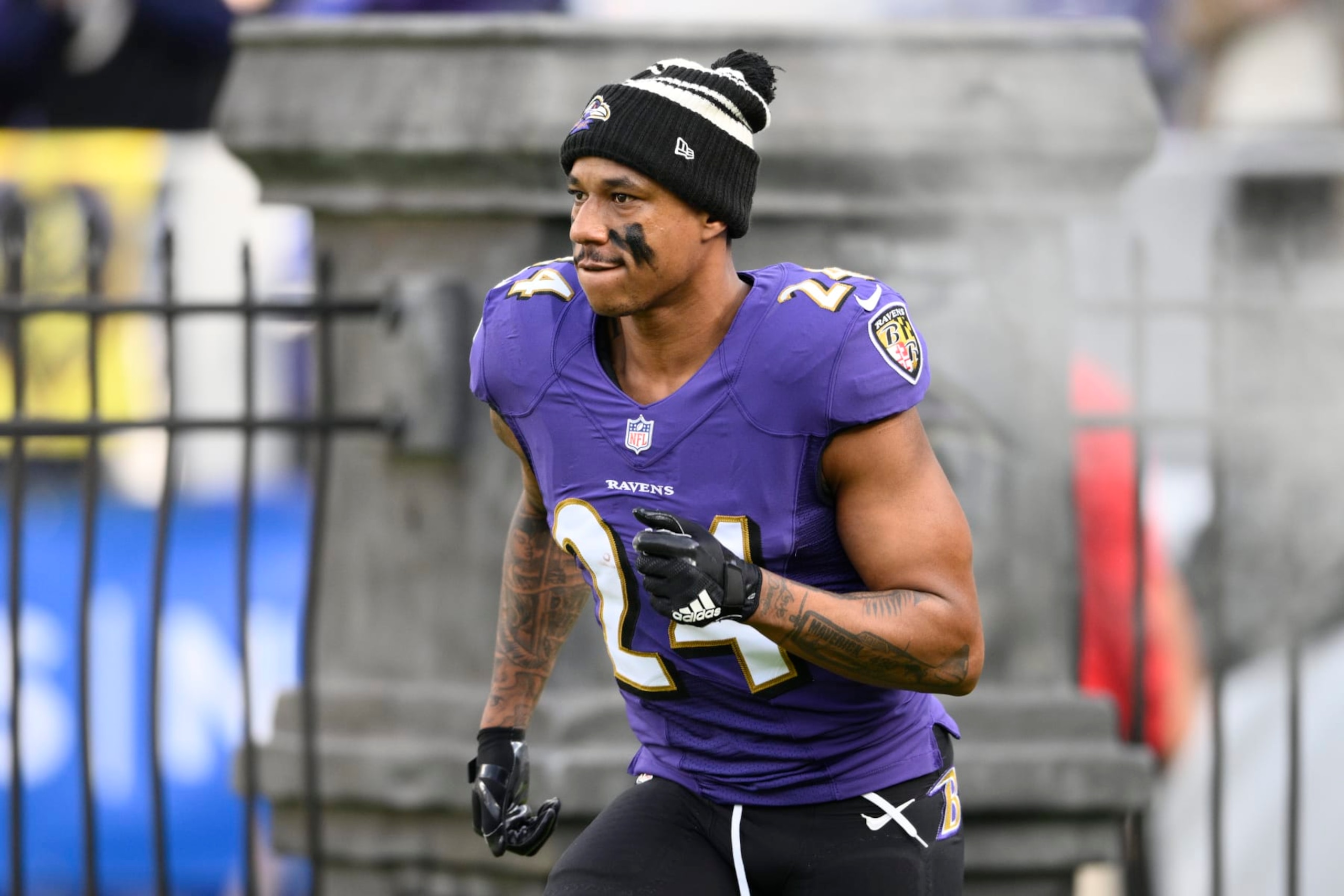 Baltimore Ravens cornerback Marcus Peters (24) takes to the field before an NFL football game against the Denver Broncos, Sunday, Dec. 4, 2022, in Baltimore. (AP Photo/Nick Wass) Baltimore Ravens cornerback Marcus Peters (24) takes to the field before an NFL football game against the Denver Broncos, Sunday, Dec. 4, 2022, in Baltimore. (AP Photo/Nick Wass)