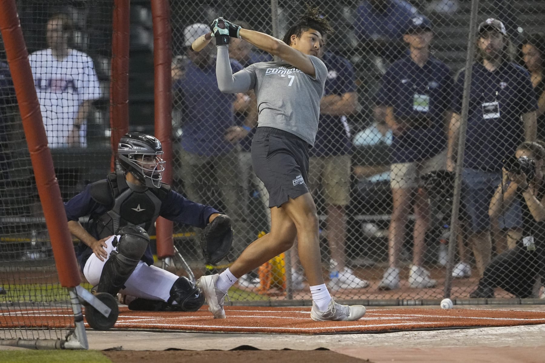 Draft prospect Tai Peete participates in the MLB baseball draft combine, Wednesday, June 21, 2023, in Phoenix. (AP Photo/Matt York)