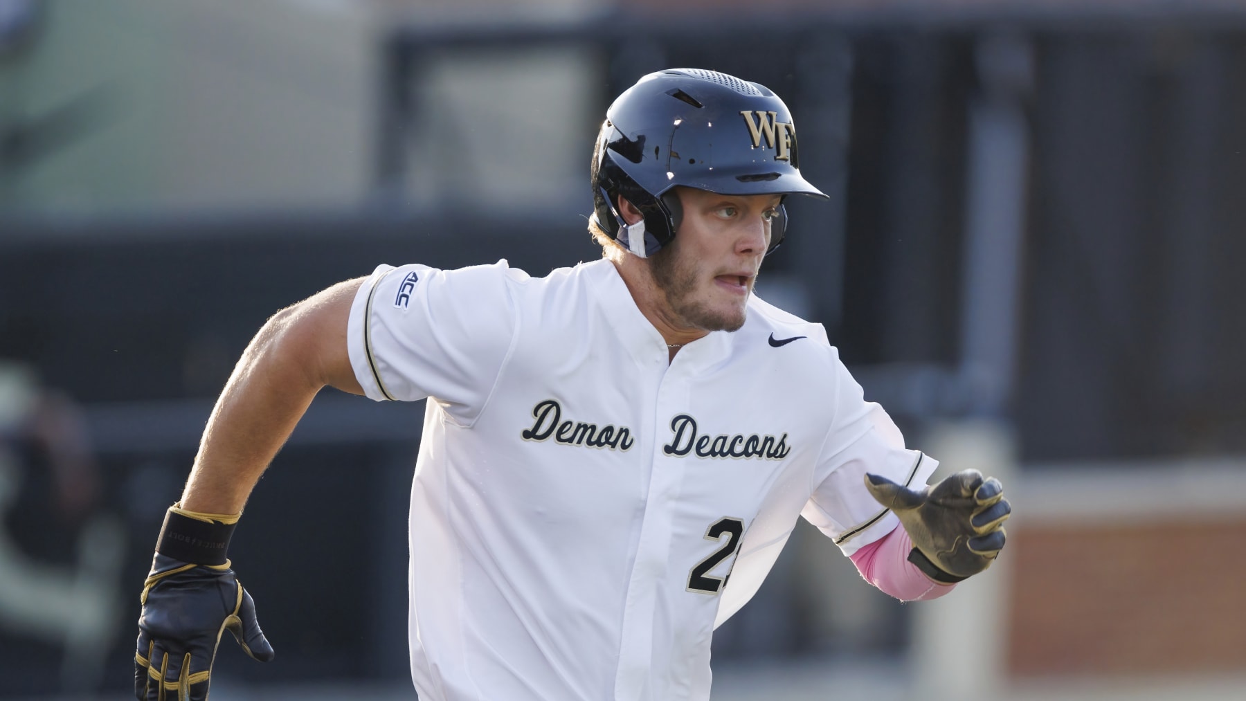 Wake Forest's Brock Wilken (25) runs to first base during an NCAA baseball game on Friday, June 2, 2023, in Winston-Salem, N.C. (AP Photo/Ben McKeown)
