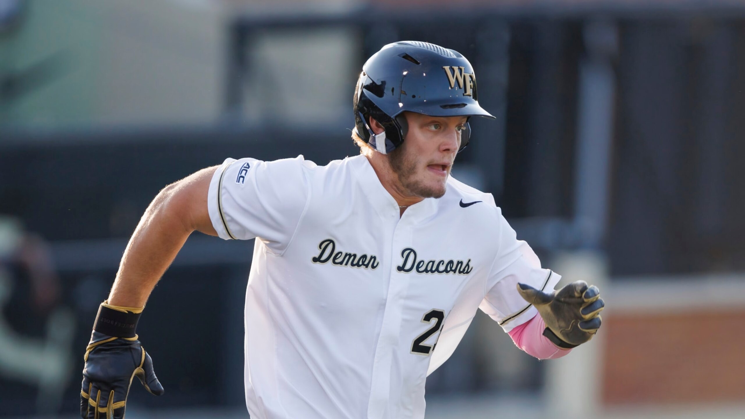 Wake Forest's Brock Wilken (25) runs to first base during an NCAA baseball game on Friday, June 2, 2023, in Winston-Salem, N.C. (AP Photo/Ben McKeown)